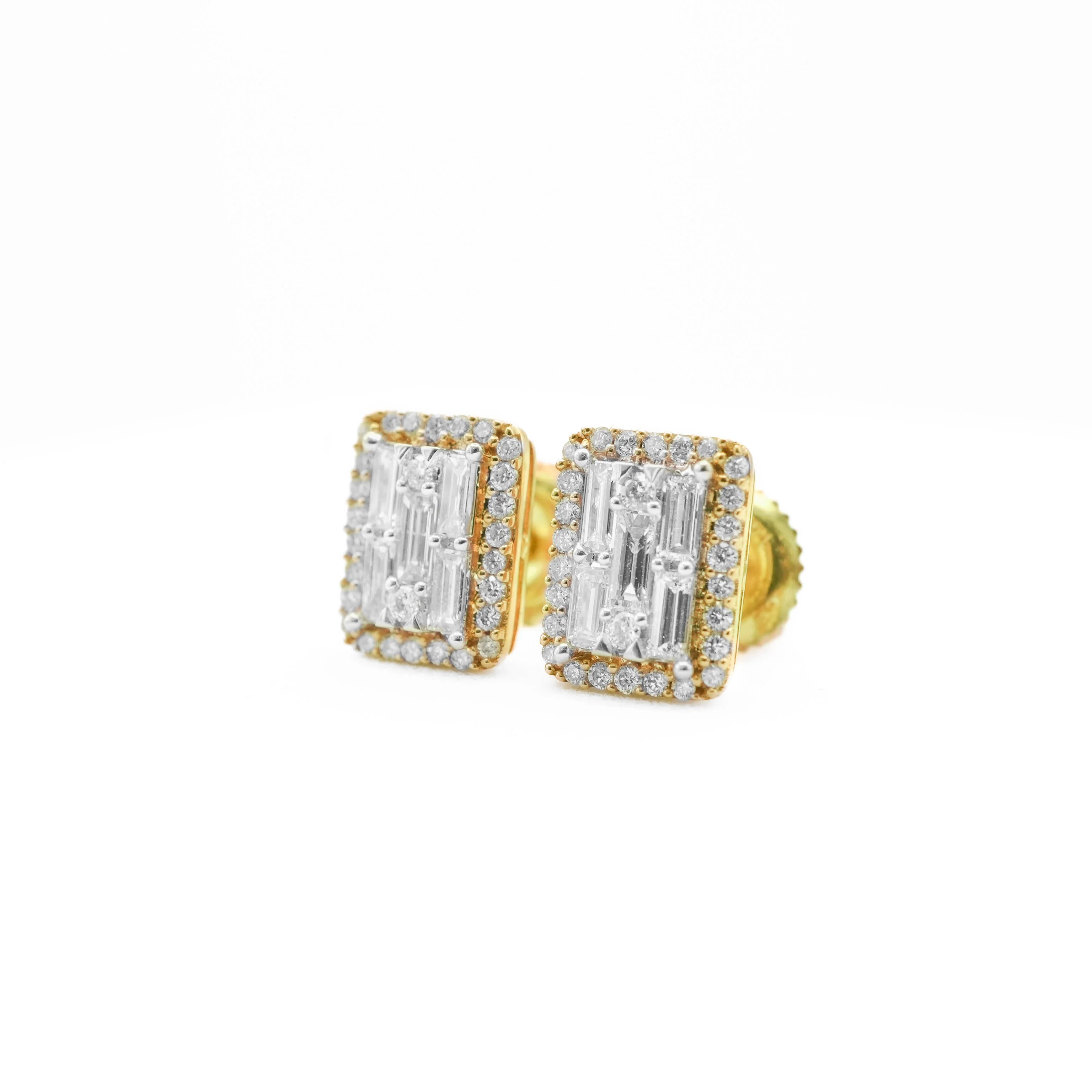 14K Gold Baguette Diamond Cluster Stud Earrings 0.49 CT - Image 3