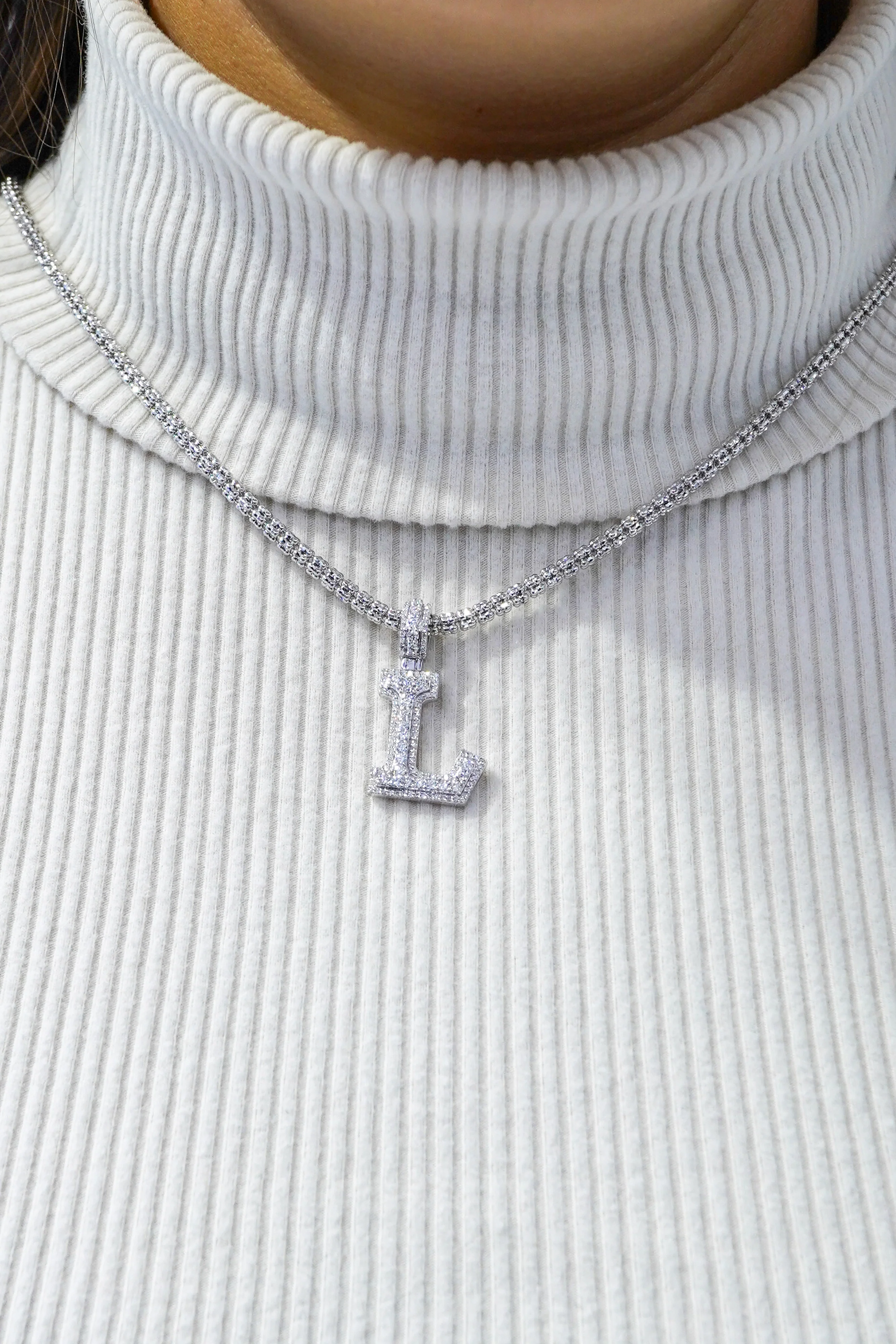 14k White Gold Diamond Initial "L" Pendant  0.85 CT - Image 3