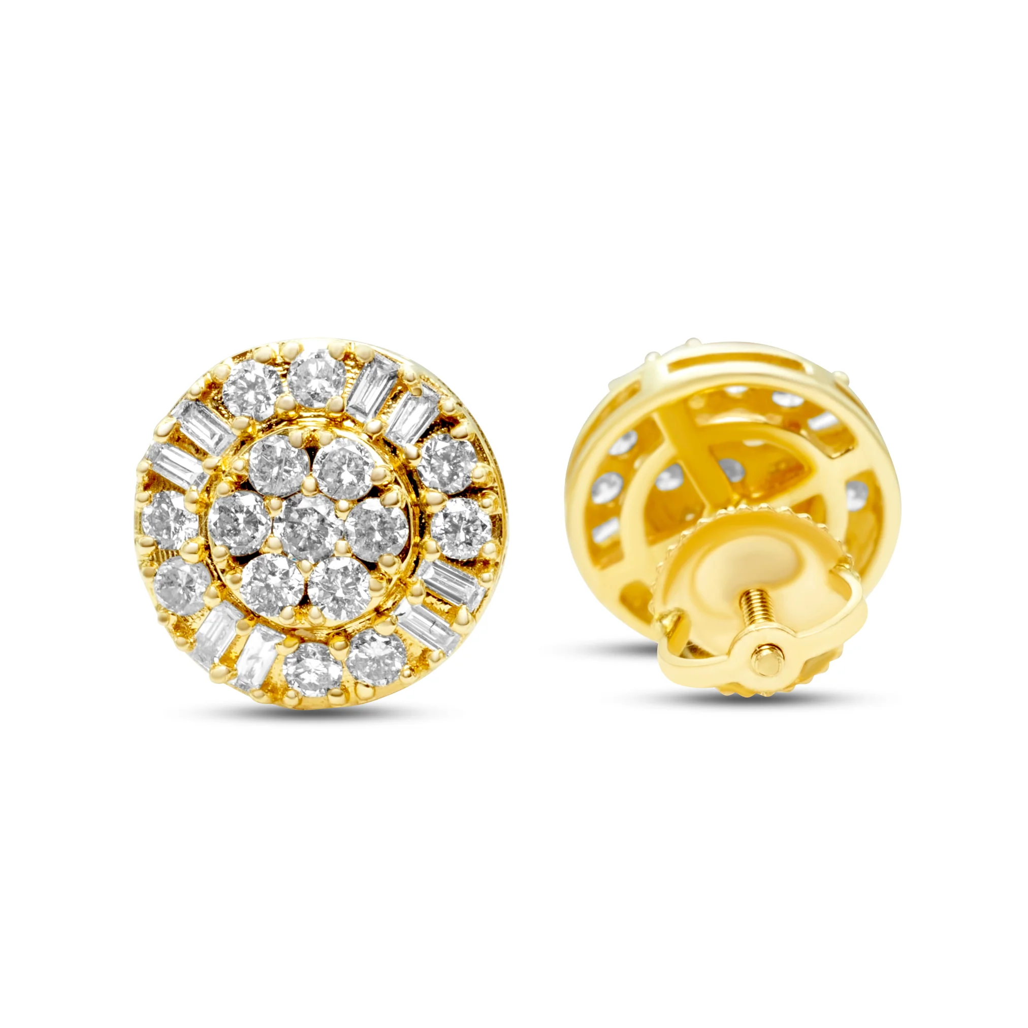 14K Yellow Gold Round Diamond Cluster Stud Earrings 0.87 CT - Image 3