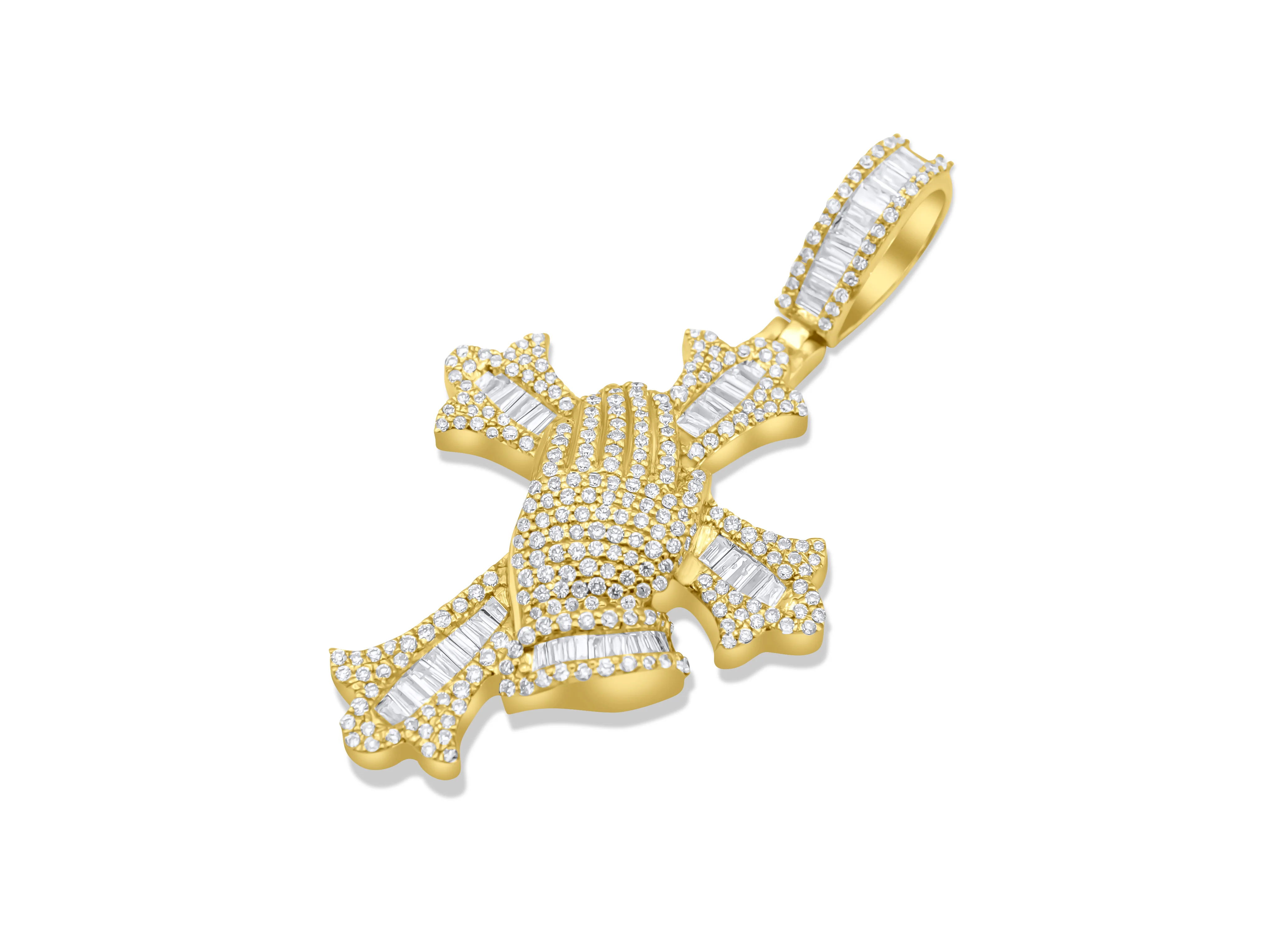 14K Gold Diamond Praying Hands Cross Pendant 1.24 CT - Image 3
