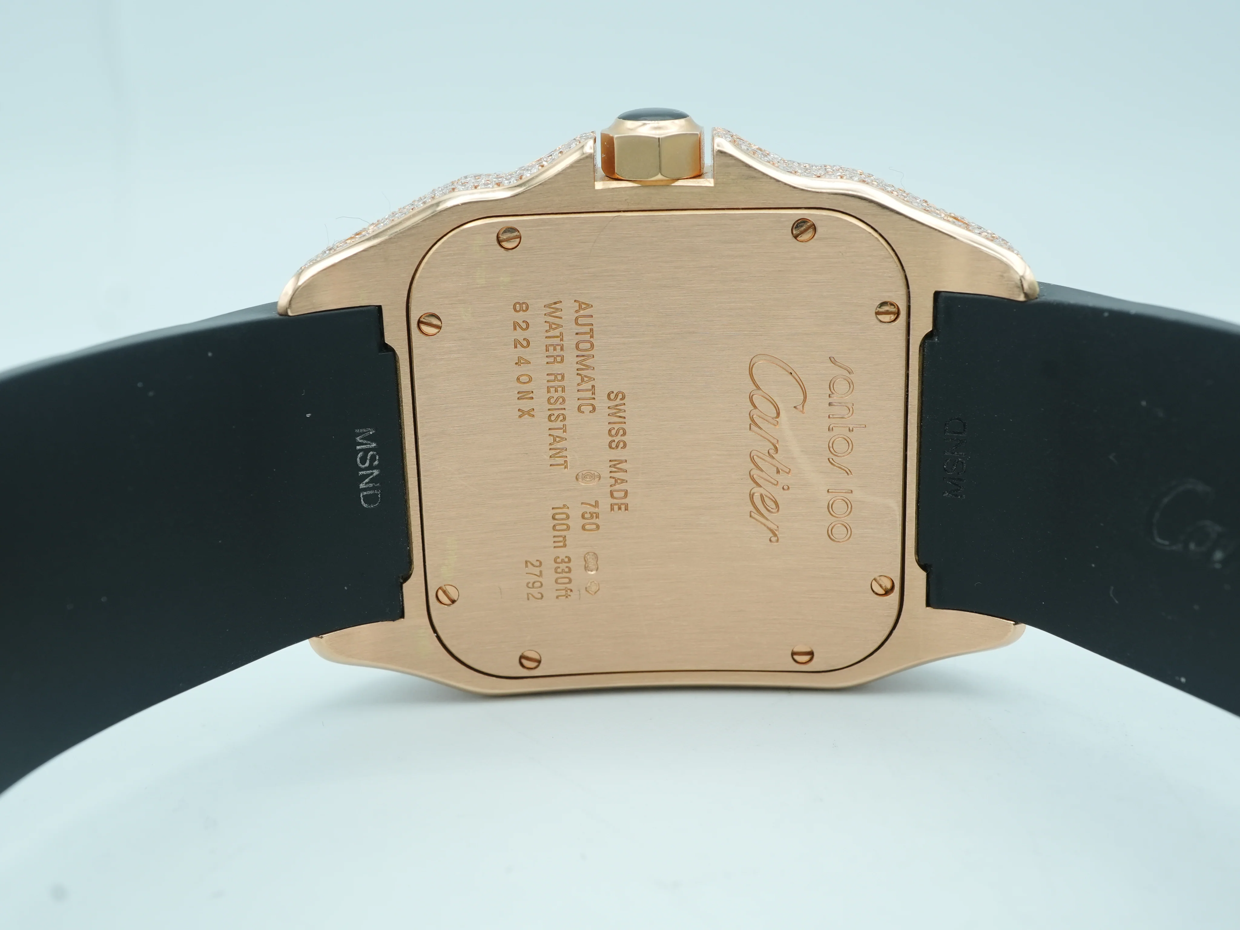 Cartier Santos 100 Large 18K Rose Gold Fully Iced Out Black Roman Dial Rubber Strap 2008 - Image 10