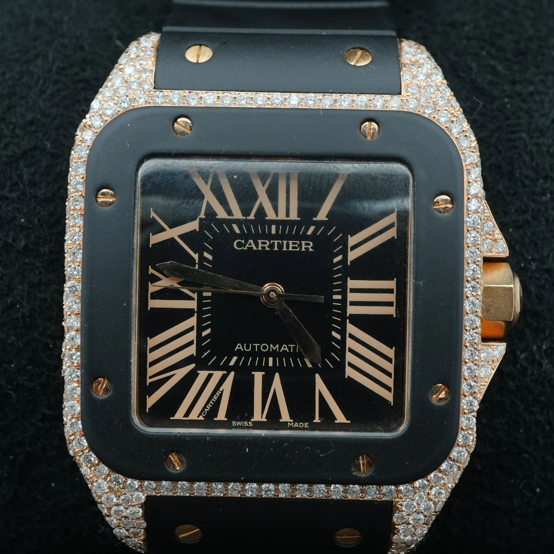 Cartier Santos 100 Large 18K Rose Gold Fully Iced Out Black Roman Dial Rubber Strap 2008 - Image 3