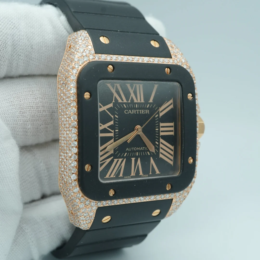 Cartier Santos 100 Large 18K Rose Gold Fully Iced Out Black Roman Dial Rubber Strap 2008 - Image 4