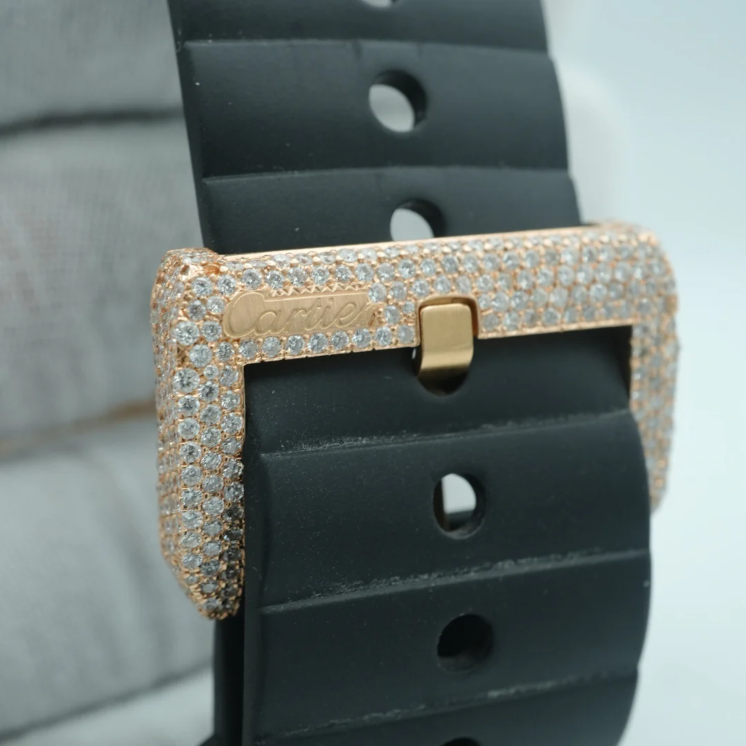 Cartier Santos 100 Large 18K Rose Gold Fully Iced Out Black Roman Dial Rubber Strap 2008 - Image 5