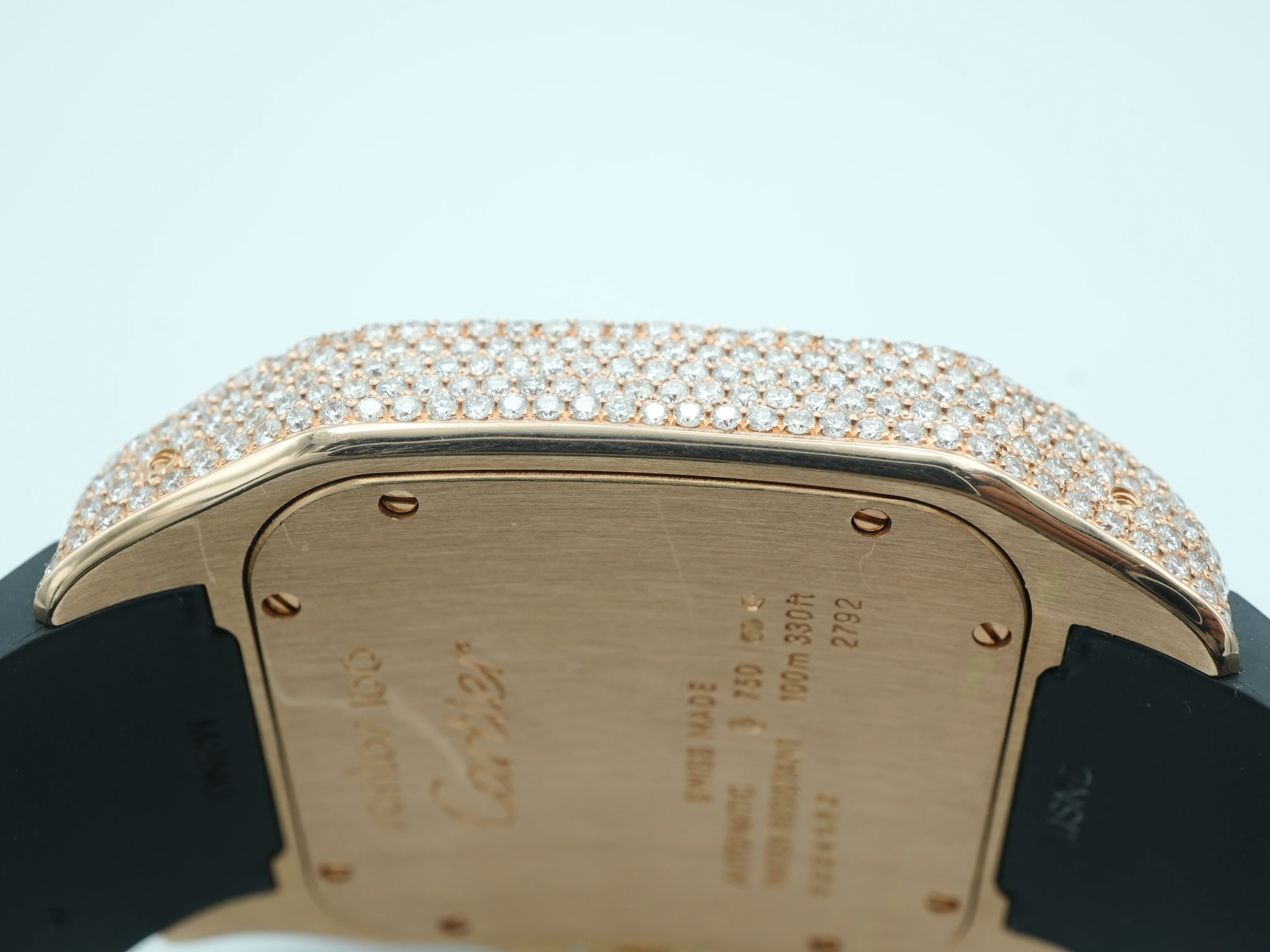 Cartier Santos 100 Large 18K Rose Gold Fully Iced Out Black Roman Dial Rubber Strap 2008 - Image 9