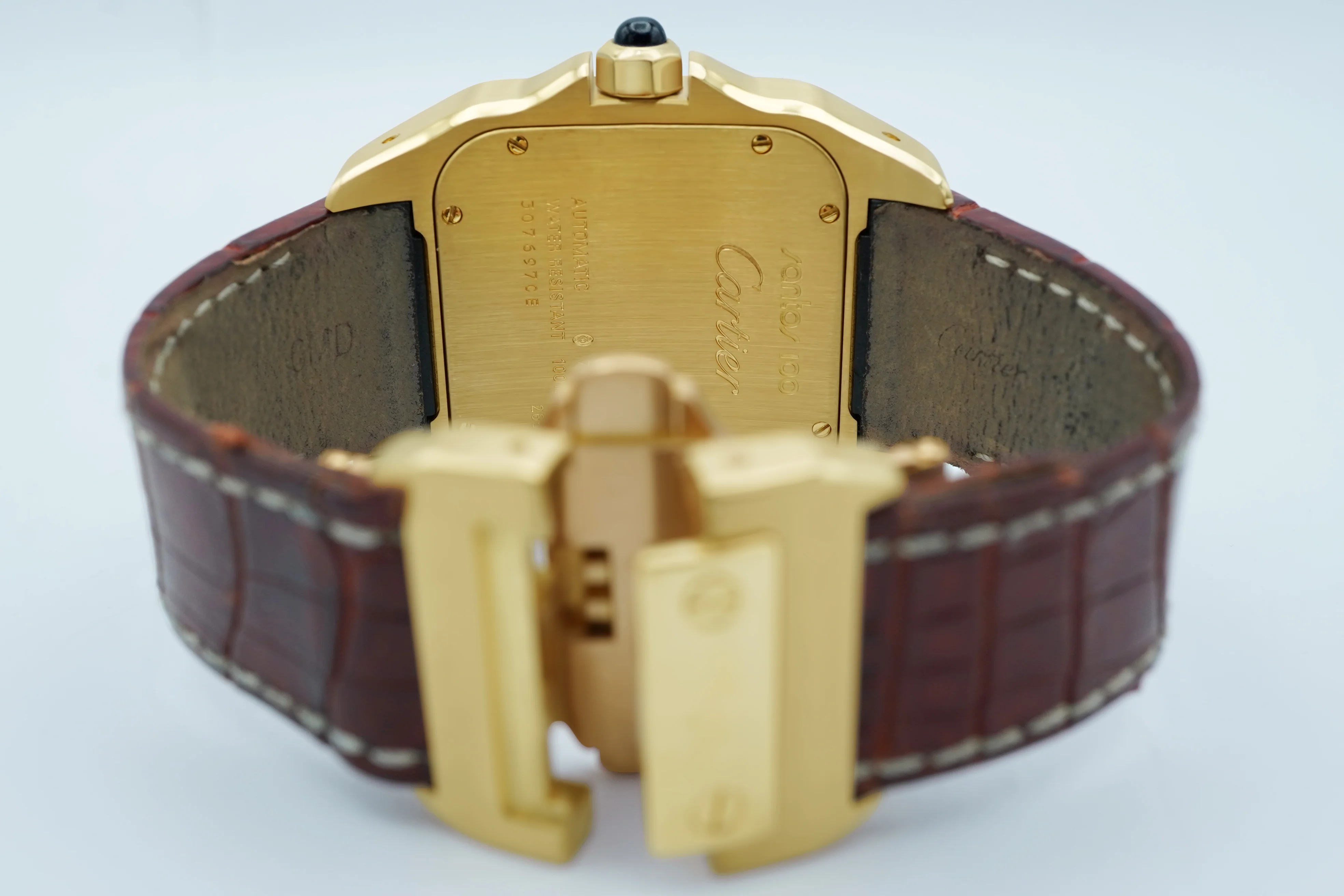 Cartier Santos 100 Large 18K Yellow Gold White Roman Dial Brown Leather Strap Complete Set 2008 - Image 10