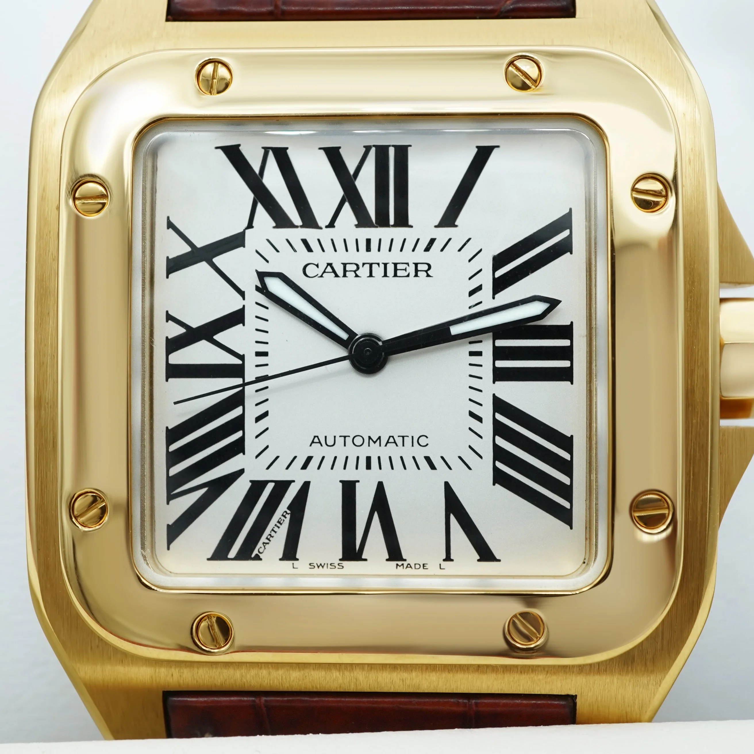 Cartier Santos 100 Large 18K Yellow Gold White Roman Dial Brown Leather Strap Complete Set 2008 - Image 3
