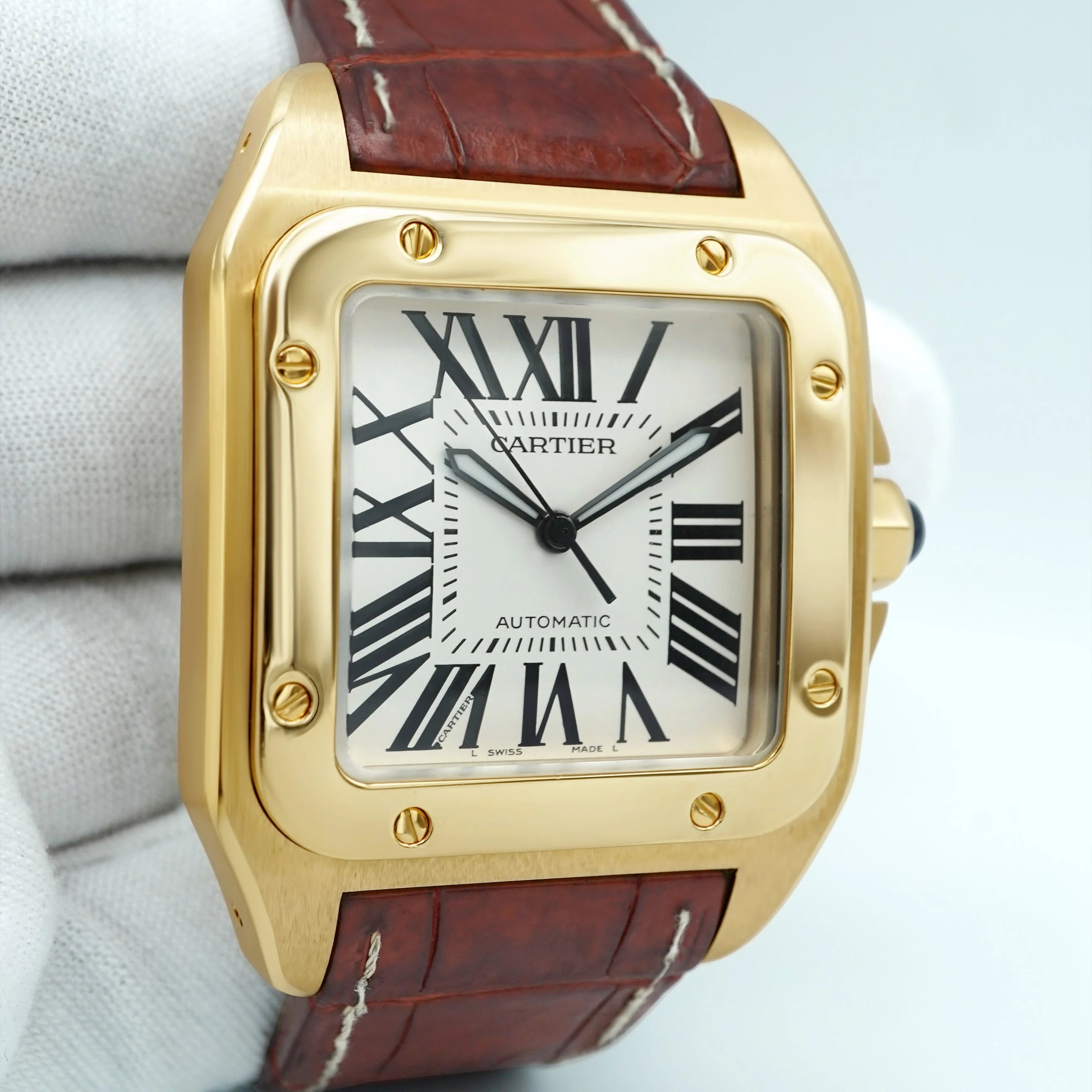 Cartier Santos 100 Large 18K Yellow Gold White Roman Dial Brown Leather Strap Complete Set 2008 - Image 4
