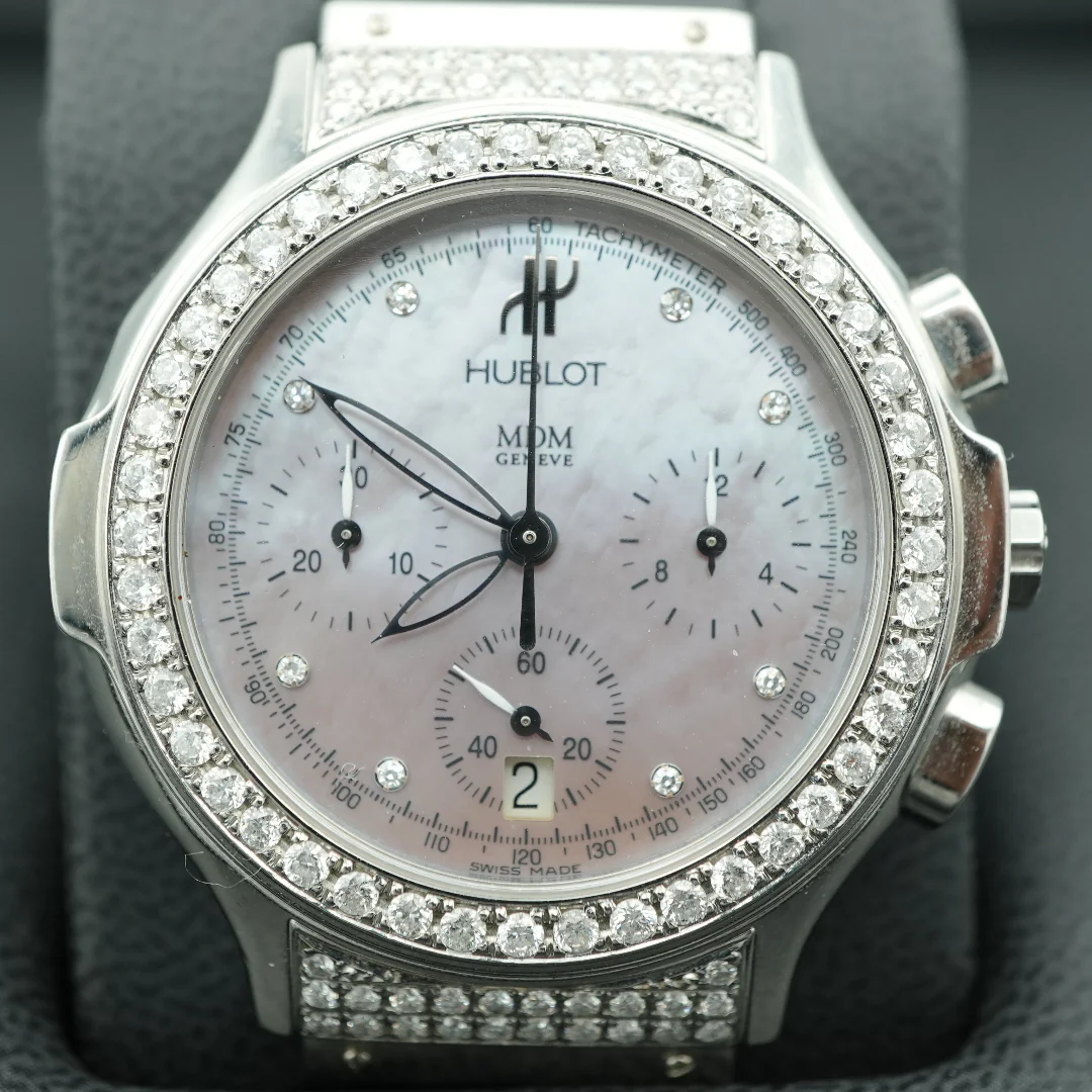 Hublot 1640.1 Elegant Chronograph MDM Factory Diamond Bezel MOP Dial Black Rubber Strap 1990 - Image 3