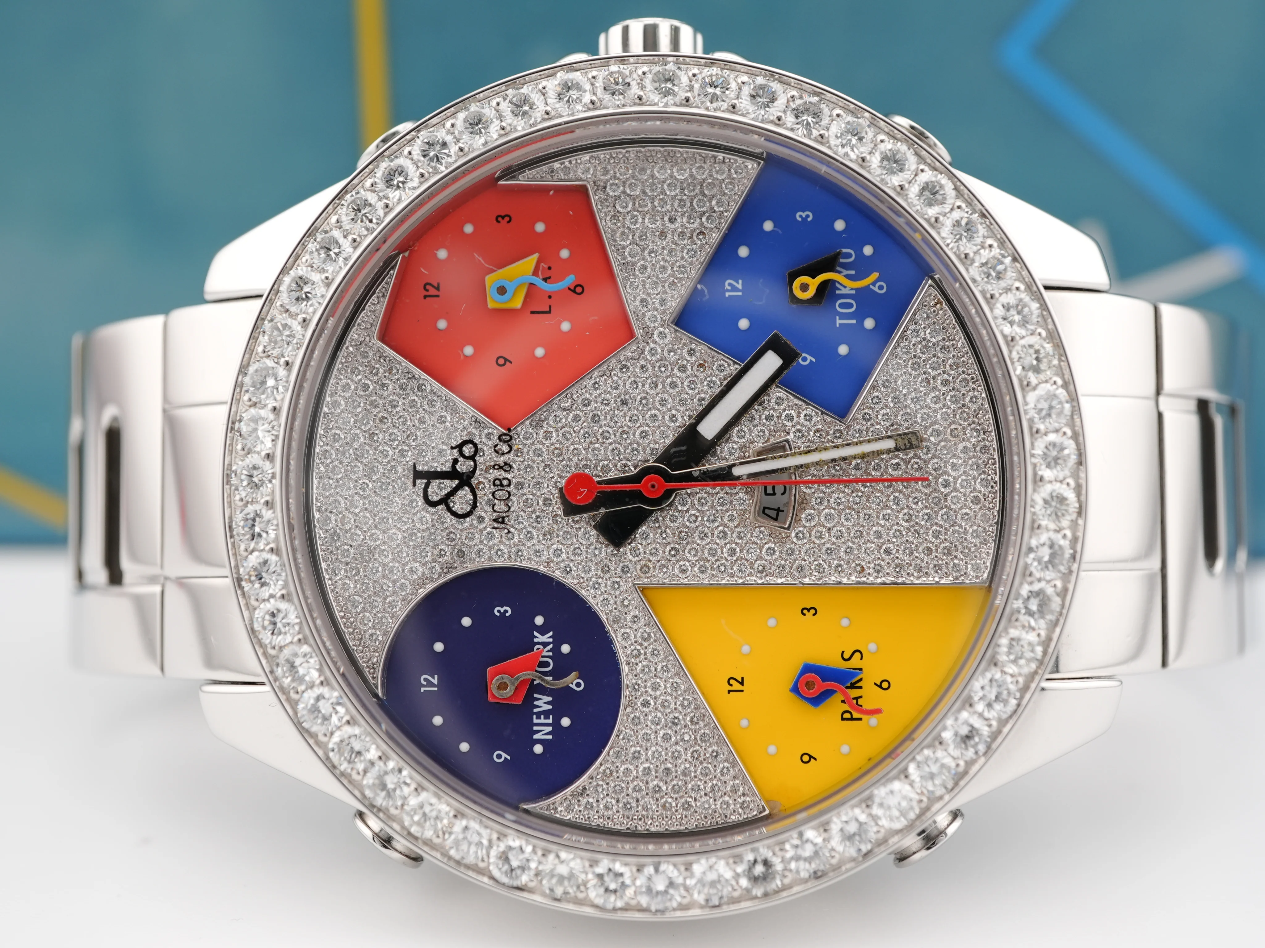 Jacob & Co. Five Time Zone Watch Diamond Bezel Full Pave Dial Complete Set 2005 - Image 3