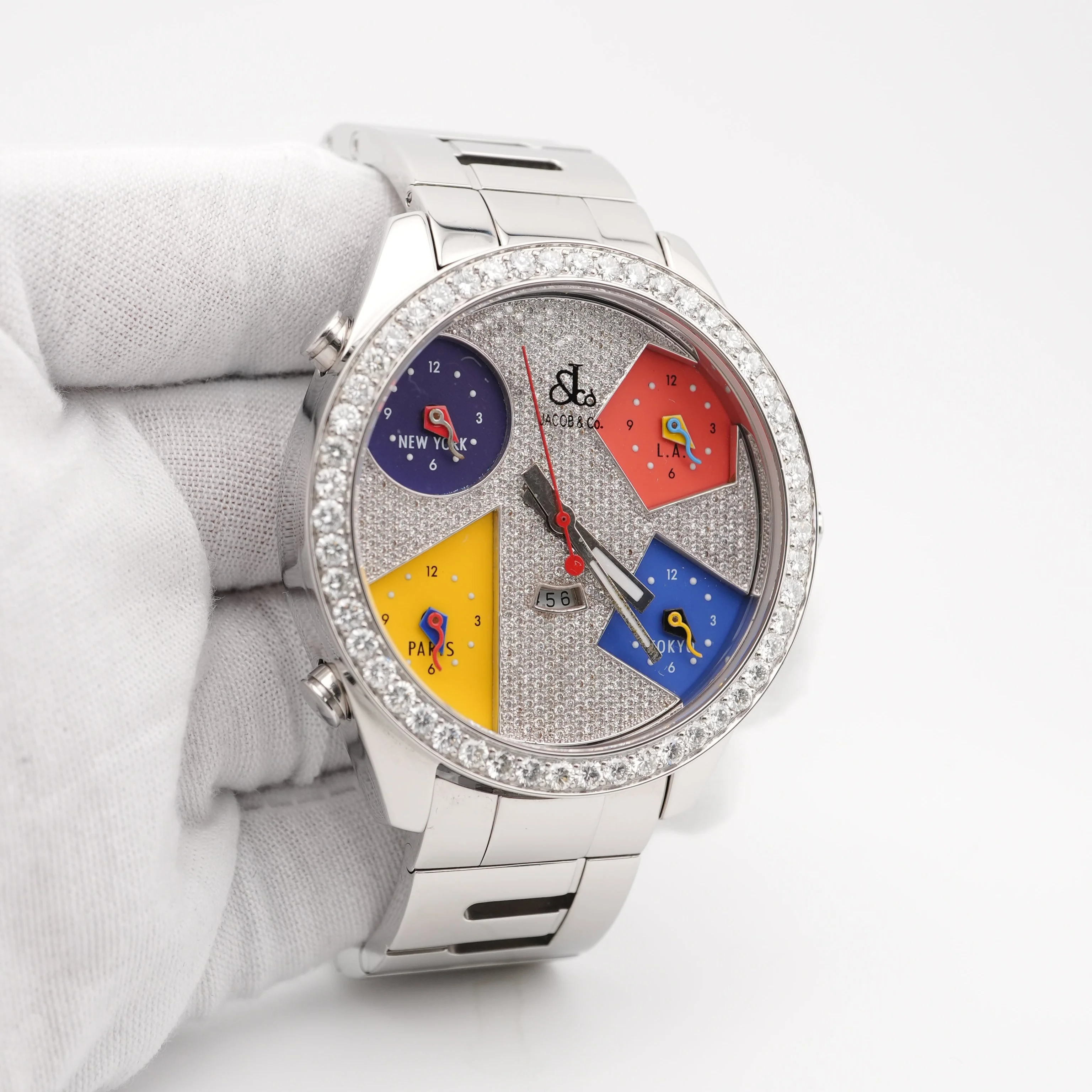 Jacob & Co. Five Time Zone Watch Diamond Bezel Full Pave Dial Complete Set 2005 - Image 4