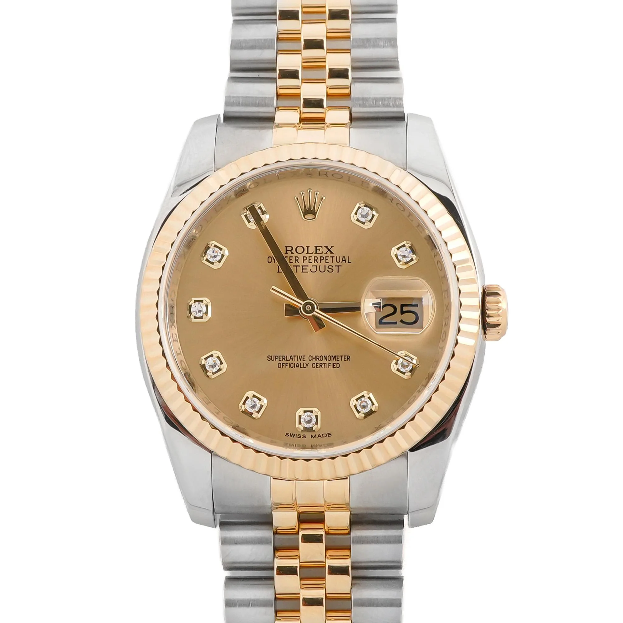 Rolex 116233 Datejust 36 mm Fluted Bezel Champagne Diamond Dial Jubilee Bracelet Box and Papers 2015