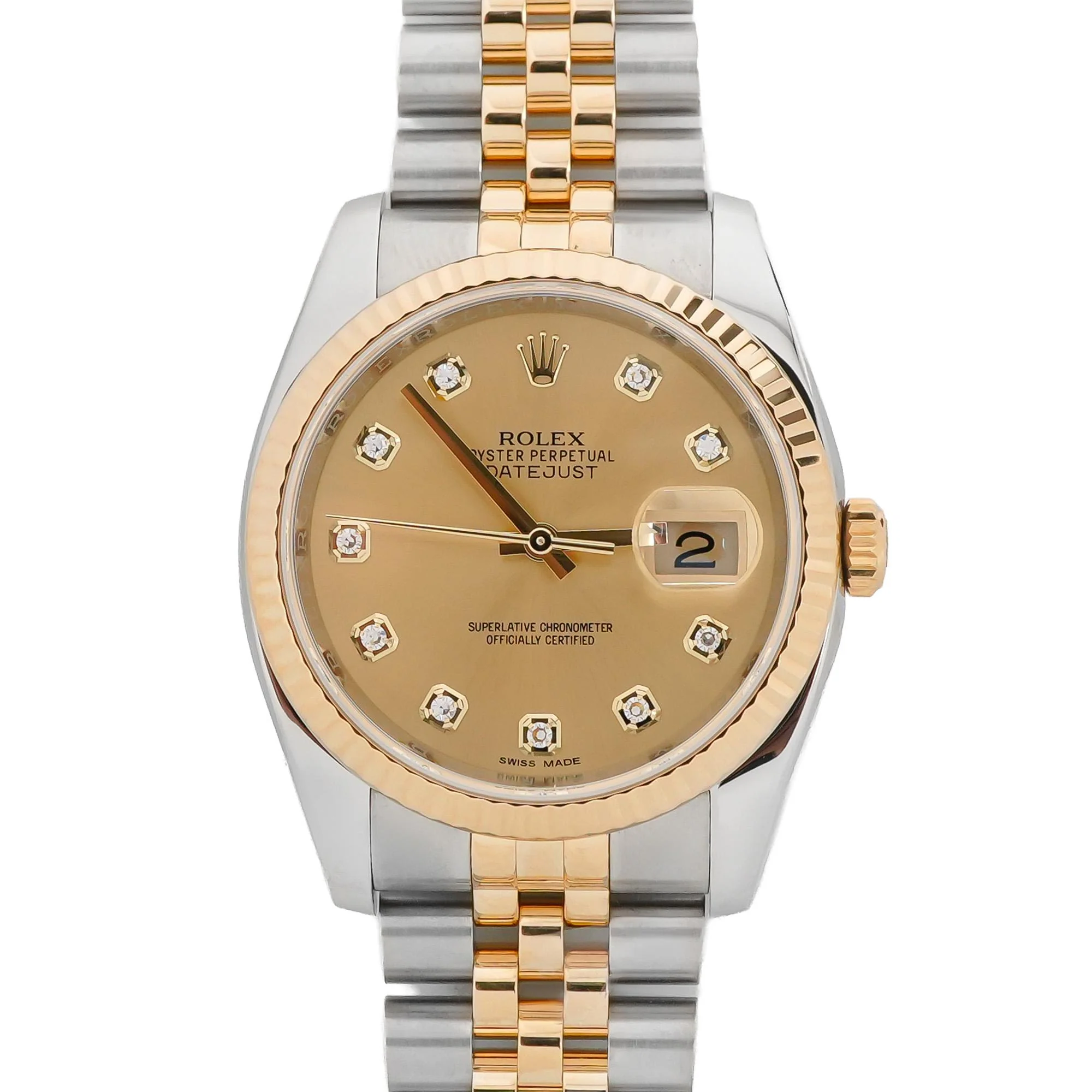 Rolex 116233 Datejust 36 mm Fluted Bezel Champagne Diamond Dial Jubilee Bracelet Box and Papers 2016