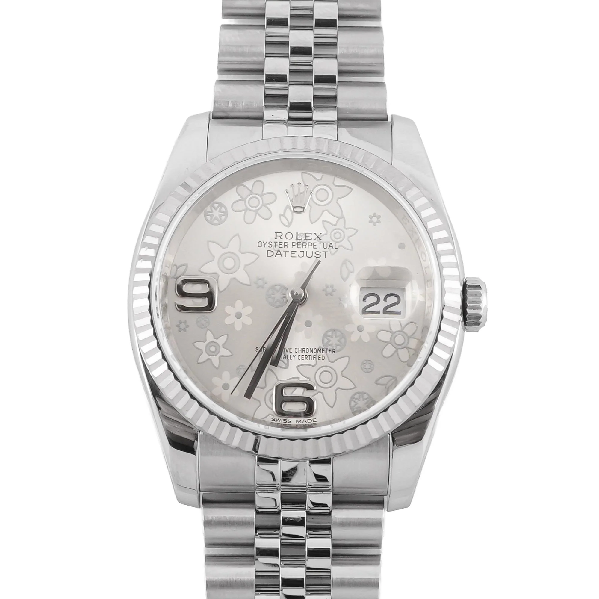 Rolex 116234 Datejust 36 mm Fluted Bezel Silver Floral Dial Jubilee Bracelet Box and Papers 2019