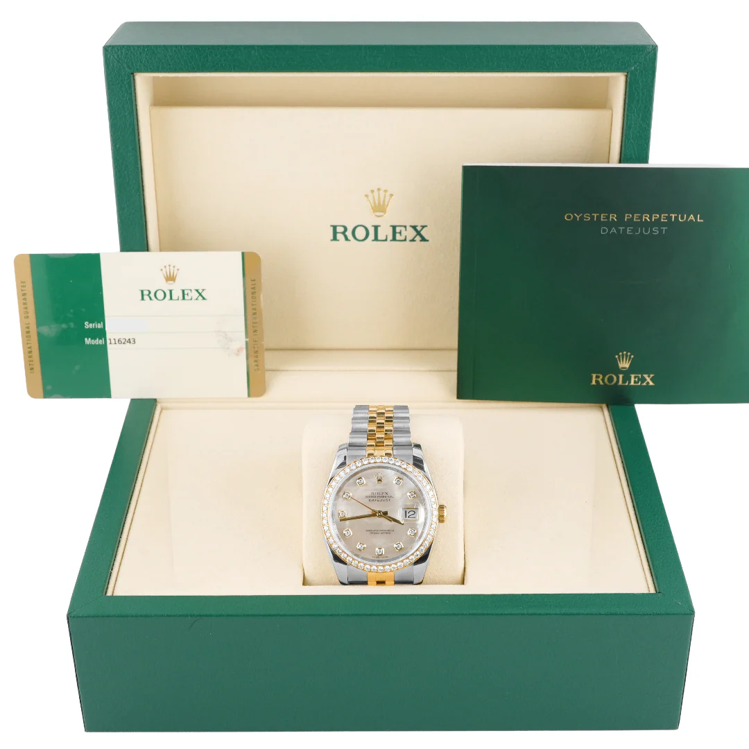 Rolex 116243 Datejust 36 mm Factory Diamond Bezel MOP Diamond Dial Box and Papers 2017 - Image 2
