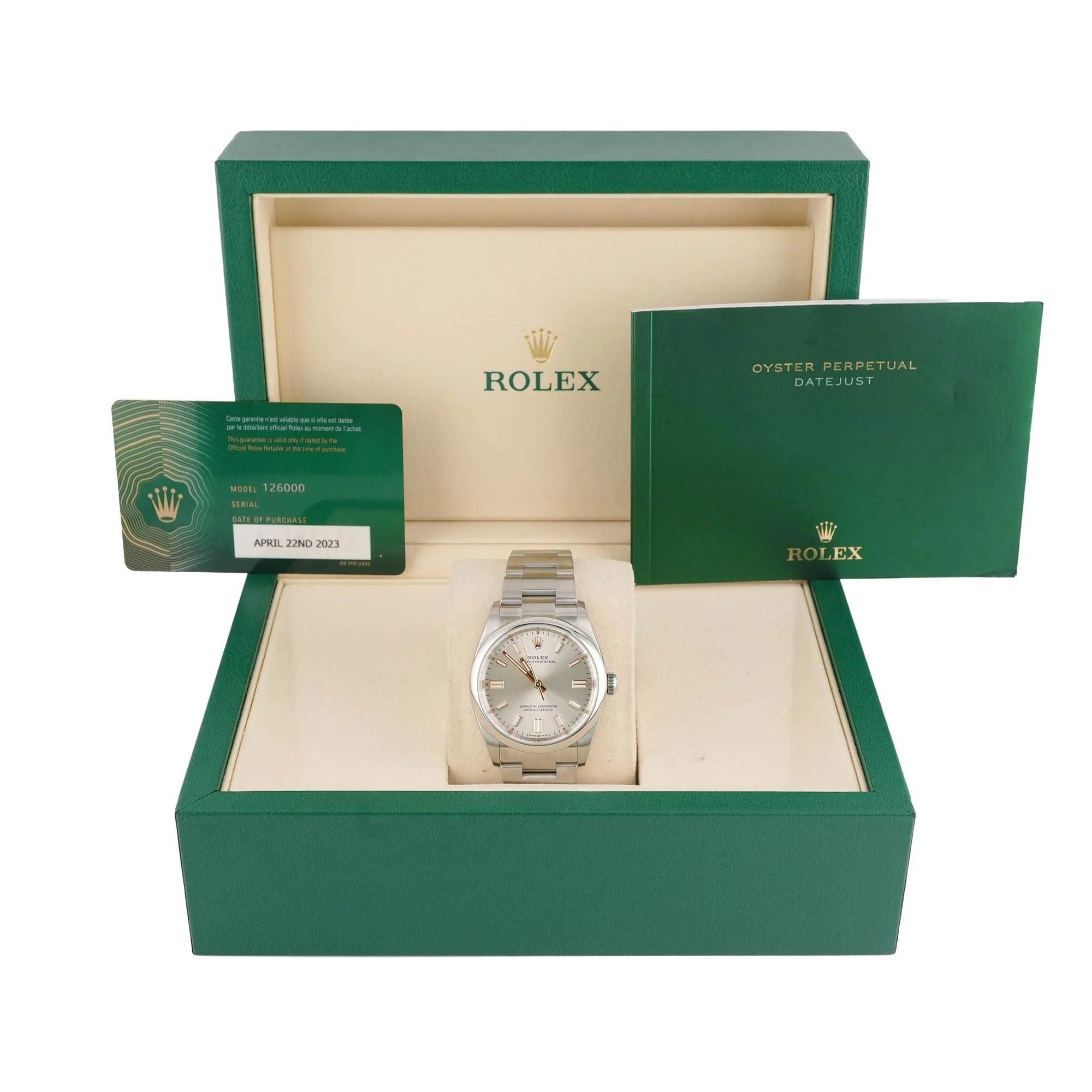 Rolex 126000 Oyster Perpetual 36 mm Smooth Bezel Silver Index Dial Oyster Bracelet Complete Set 2023 - Image 2