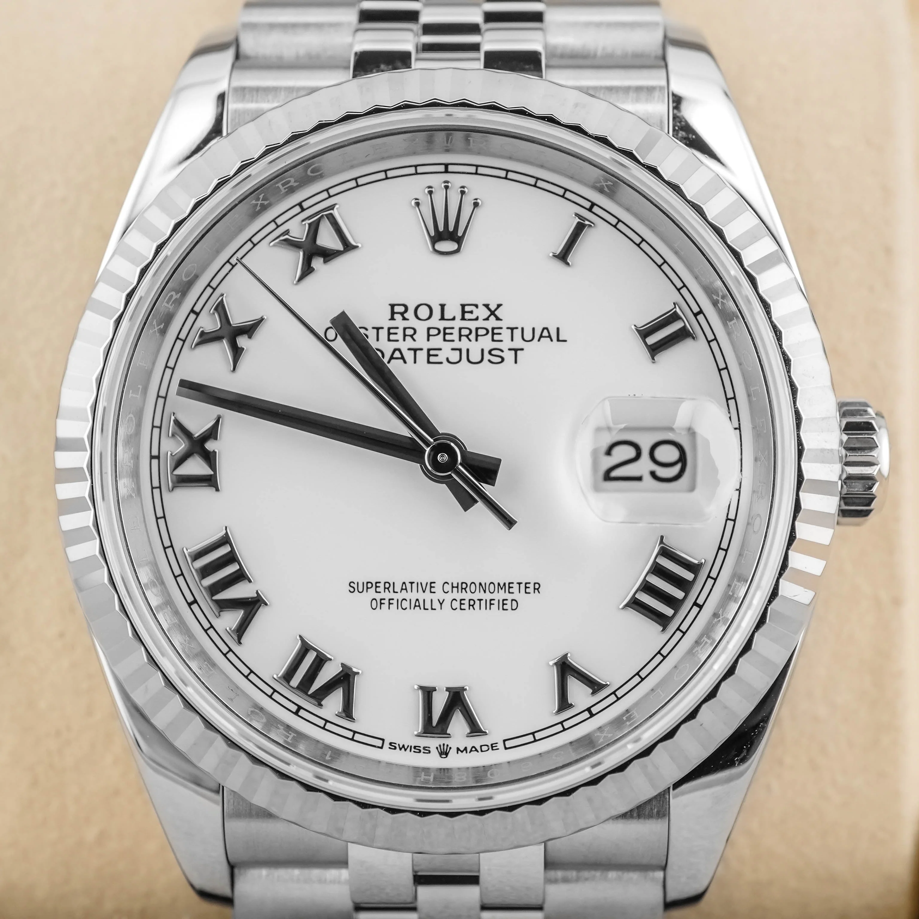 Rolex 126234 Datejust 36 mm Fluted Bezel White Roman Dial Jubilee Bracelet Box and Papers 2021 - Image 3