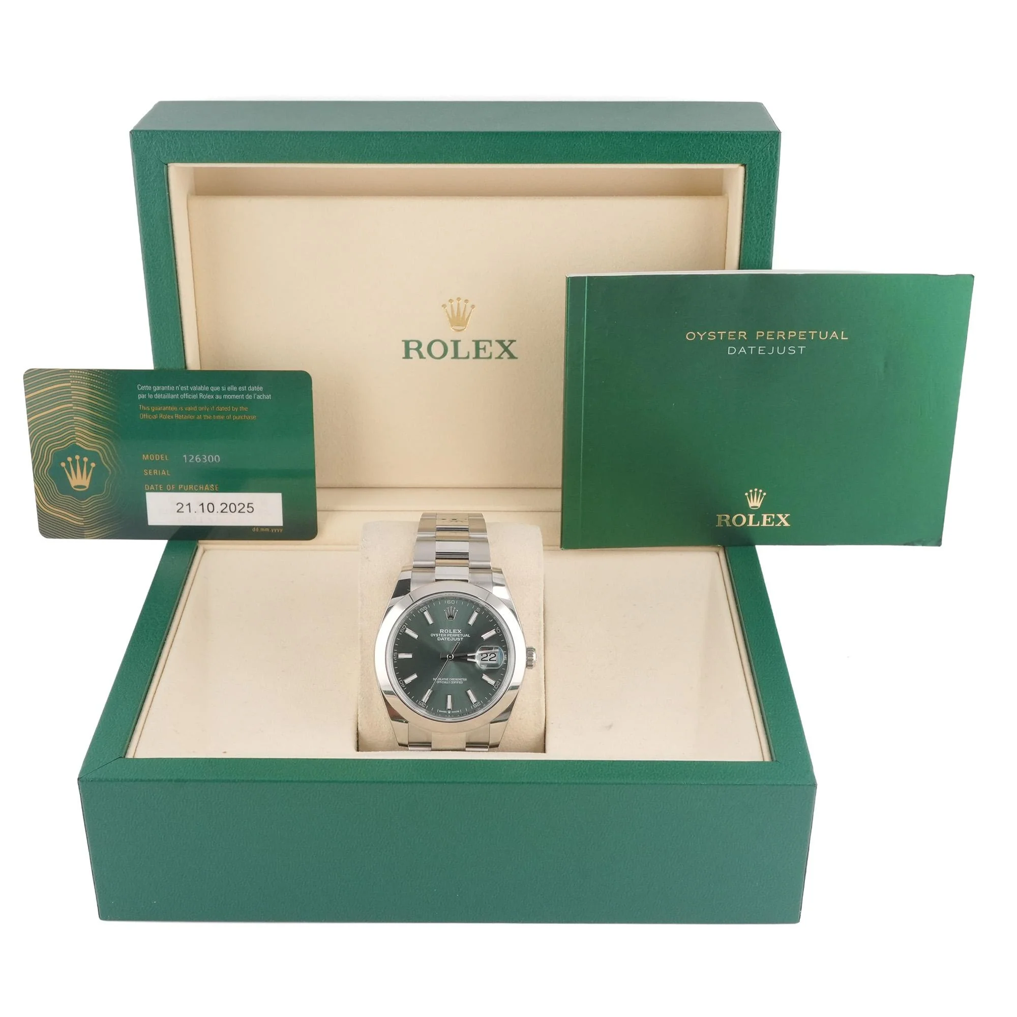 Rolex 126300 Datejust 41 mm Smooth Bezel Mint Green Index Dial Oyster Bracelet Box and Papers 2025 - Image 2