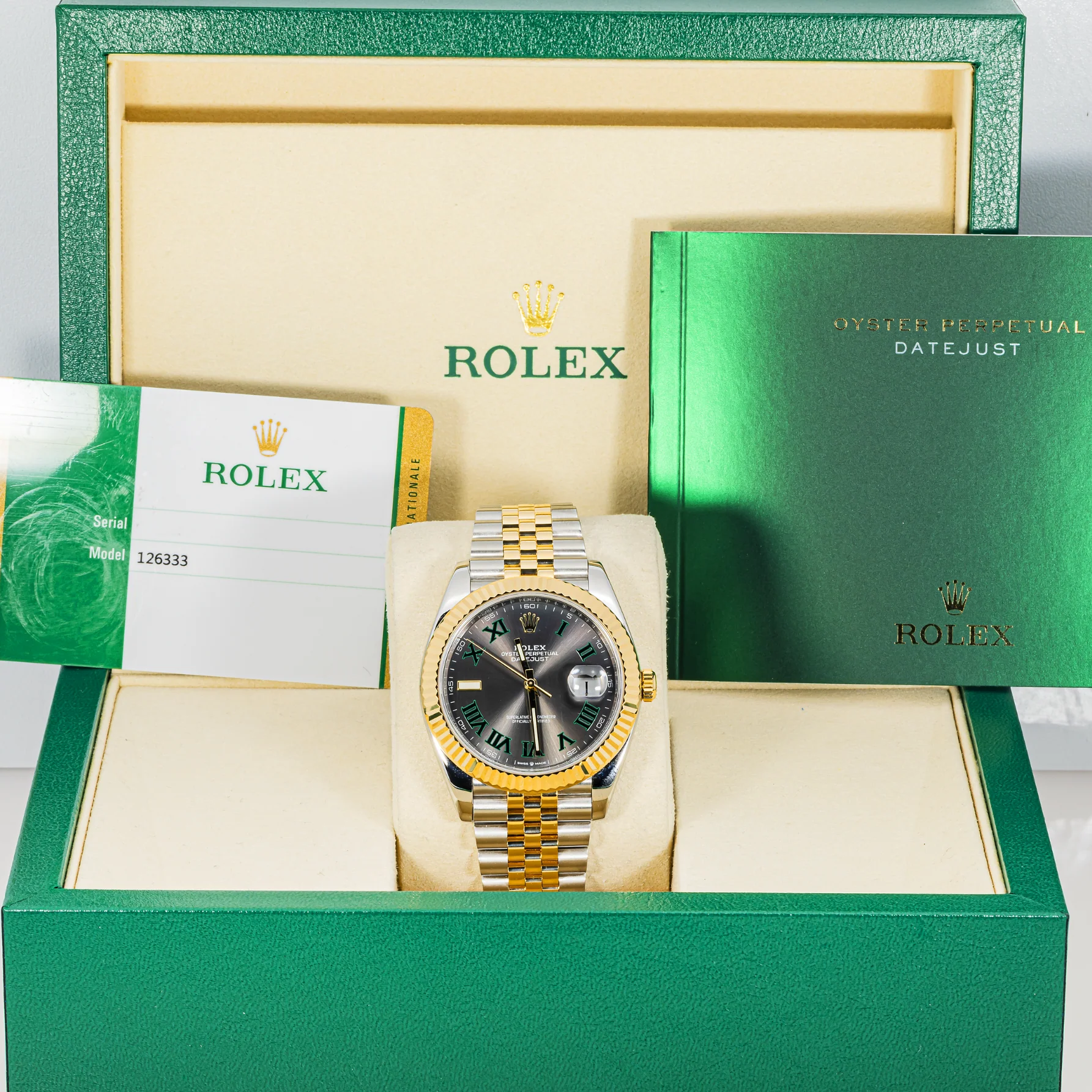 Rolex 126333 Datejust 41 mm Fluted Bezel Wimbledon Dial Jubilee Bracelet Box and Papers 2020 - Image 2