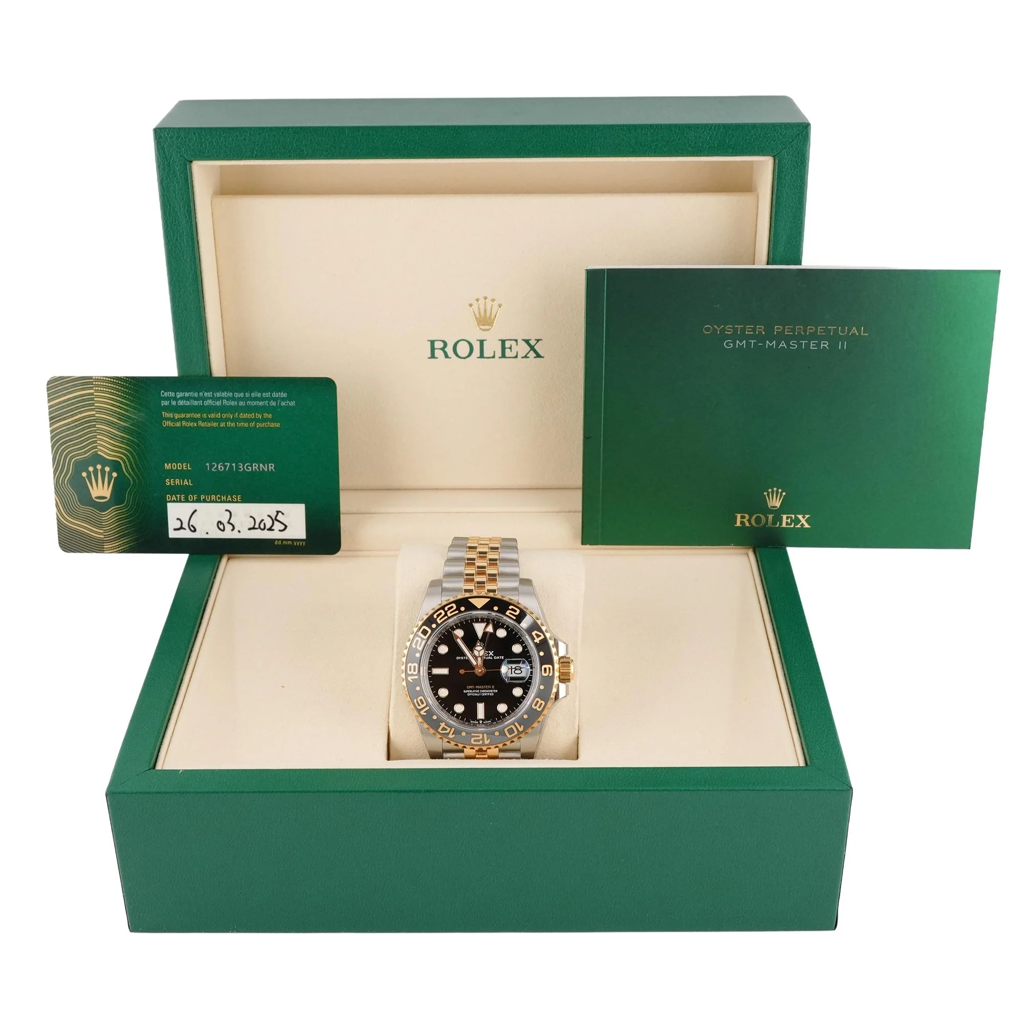 Rolex 126713GRNR GMT-Master II 40 mm 18K Yellow Gold Black Dial Jubilee Bracelet Box and Papers 2025 - Image 2