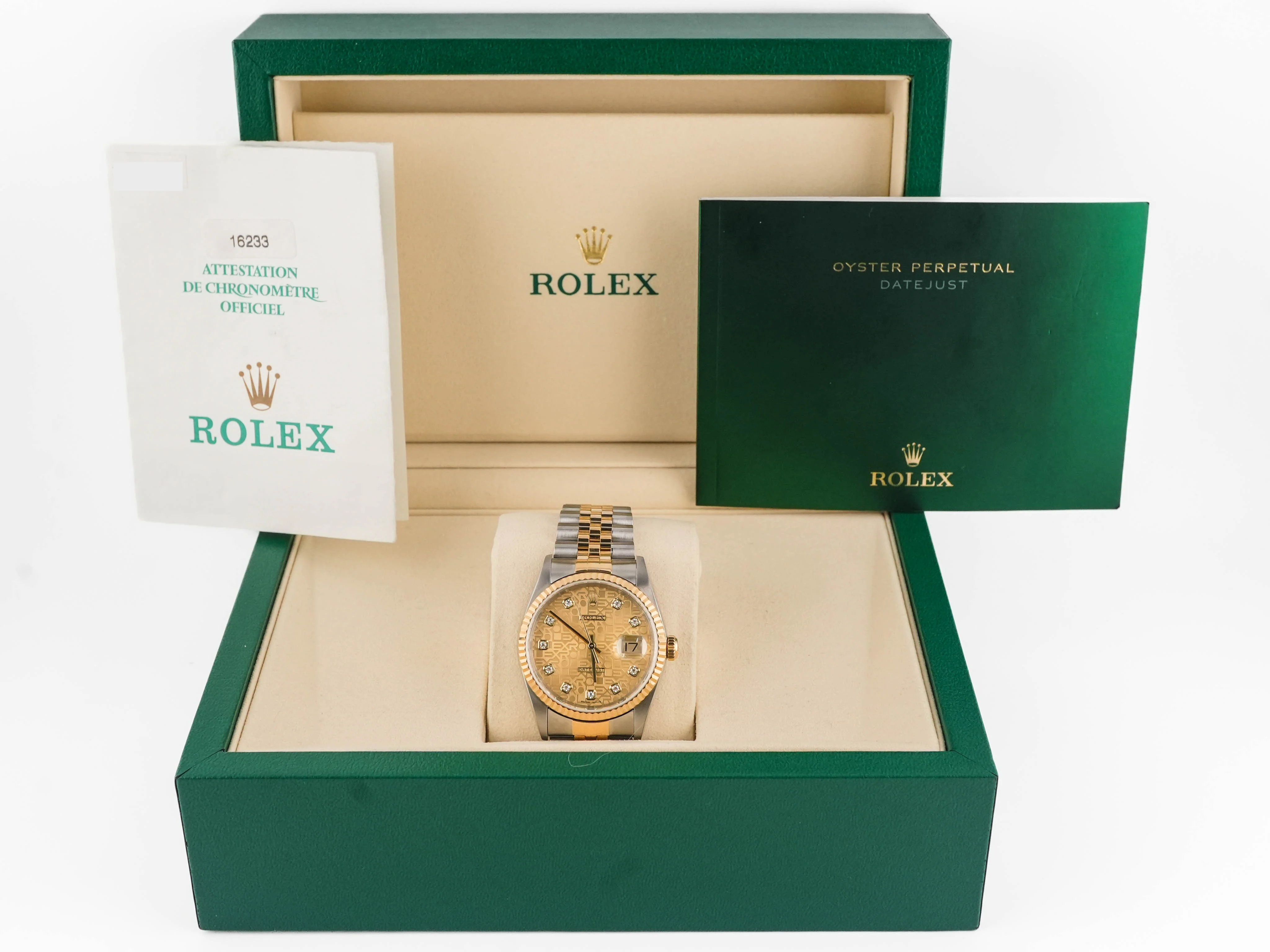 Rolex 16233 Datejust 36 mm Fluted Bezel Champagne Jubilee Diamond Dial Jubilee Box and Papers 2001 - Image 2