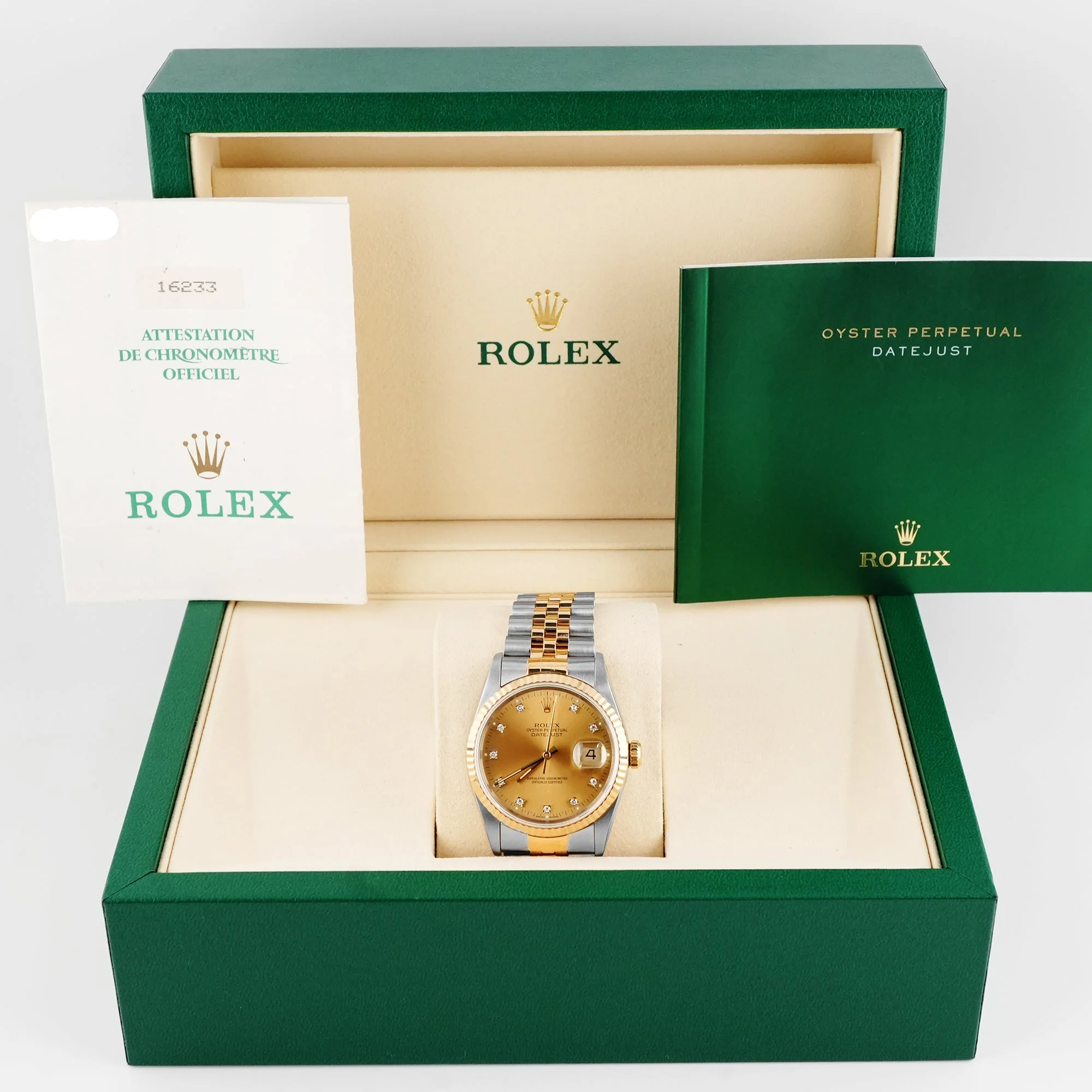 Rolex 16233 Datejust 36 mm Fluted Bezel Champagne Diamond Dial Jubilee Bracelet Box & Papers 1994 - Image 2