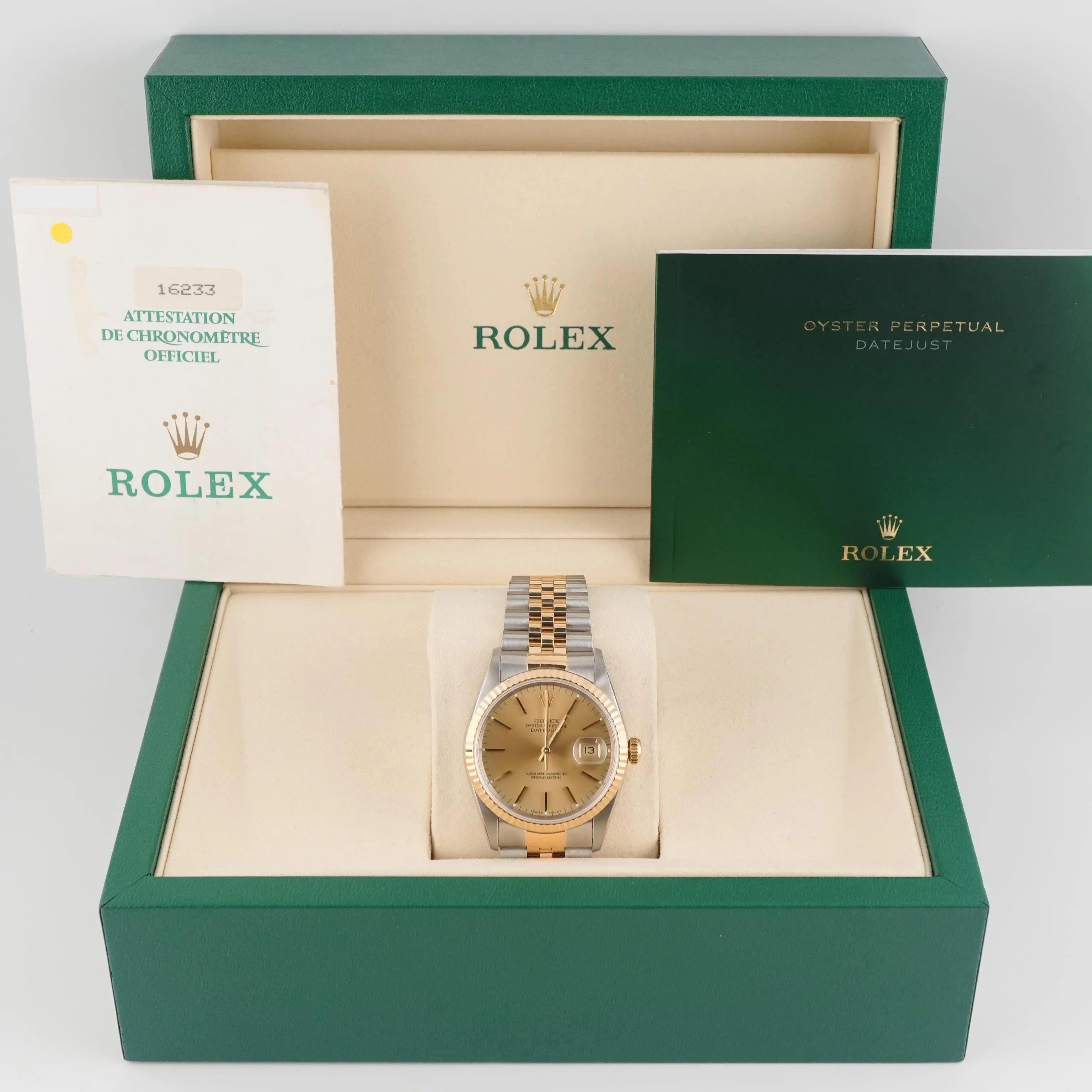 Rolex 16233 Datejust 36 mm Fluted Bezel Champagne Index Dial Jubilee Bracelet Box and Papers 1995 - Image 2