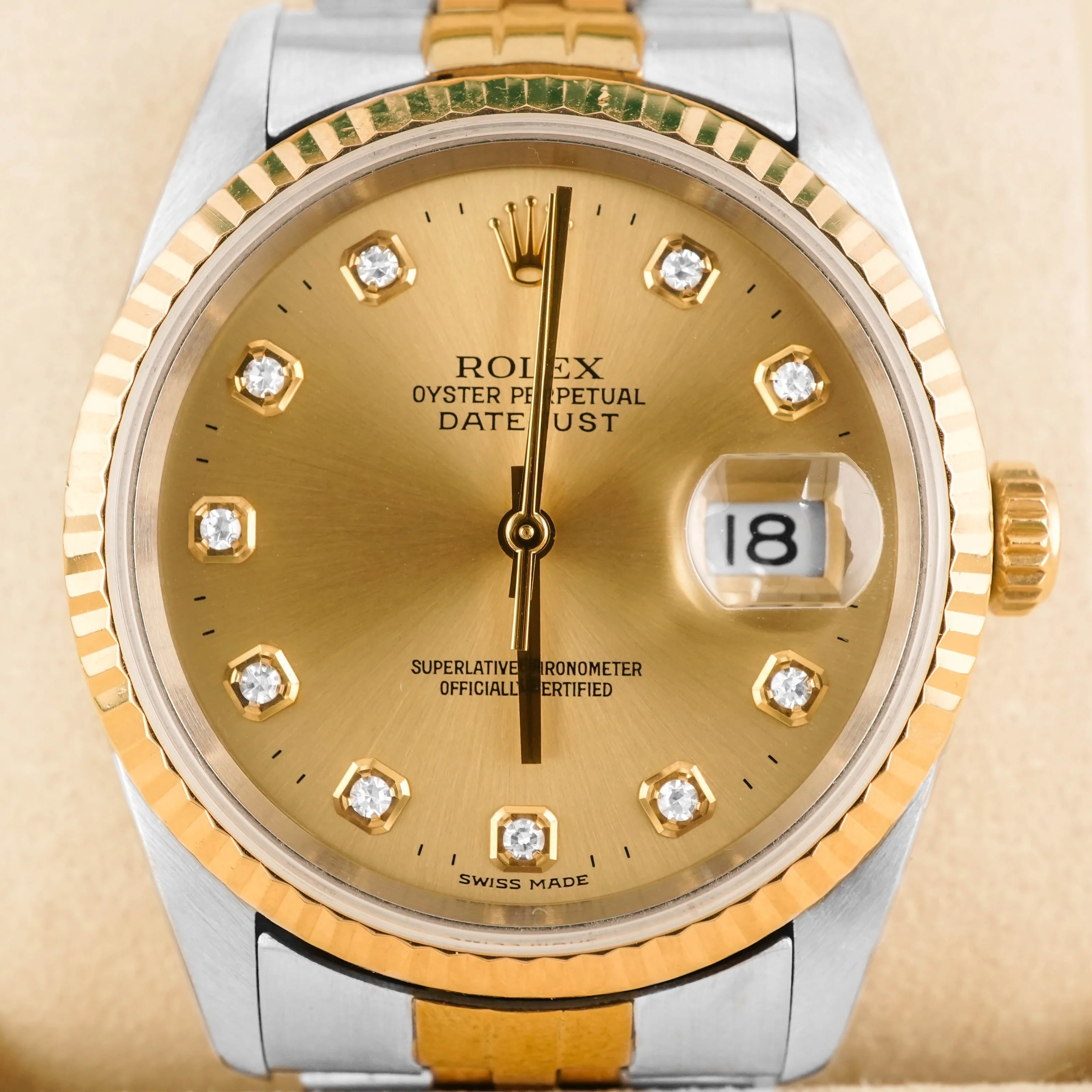 Rolex 16233 Datejust 36 mm Fluted Bezel Champagne Diamond Dial Jubilee Bracelet Box 1994 - Image 3