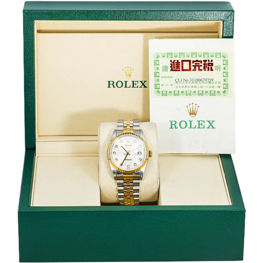 Rolex 16233 Datejust 36 mm Fluted Bezel Silver Jubilee Diamond Dial Jubilee Box and Papers 2001 - Image 2