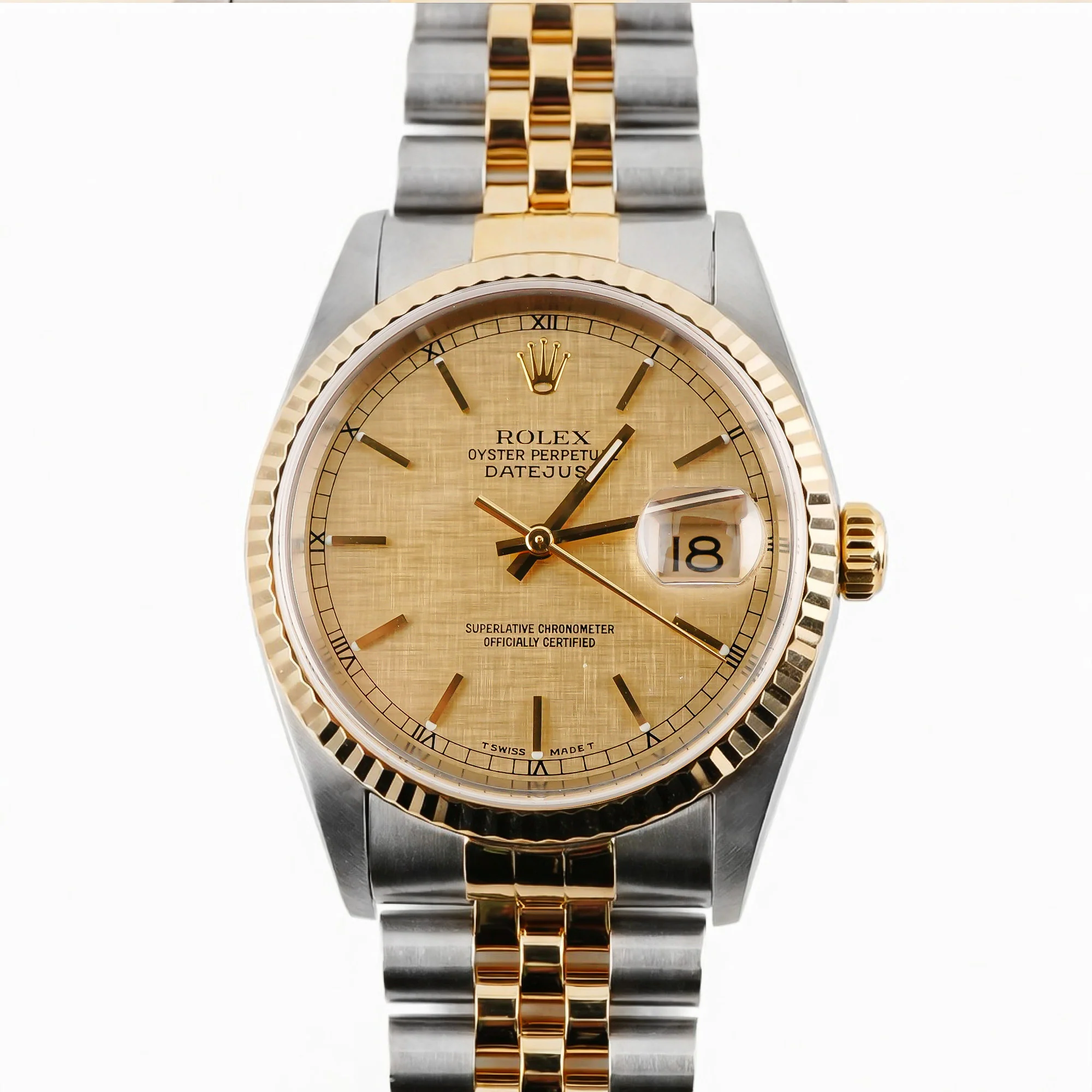 Rolex 16233 Datejust 36 mm Fluted Bezel Champagne Linen Dial Jubilee Bracelet Box and Papers 2004