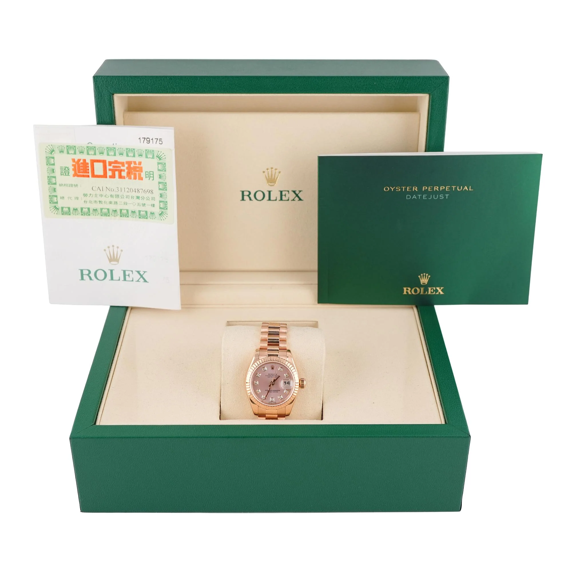 Rolex 179175 Lady-Datejust 26 mm 18K Rose Gold Pink Diamond Dial President Bracelet Box and Papers 2003 - Image 2