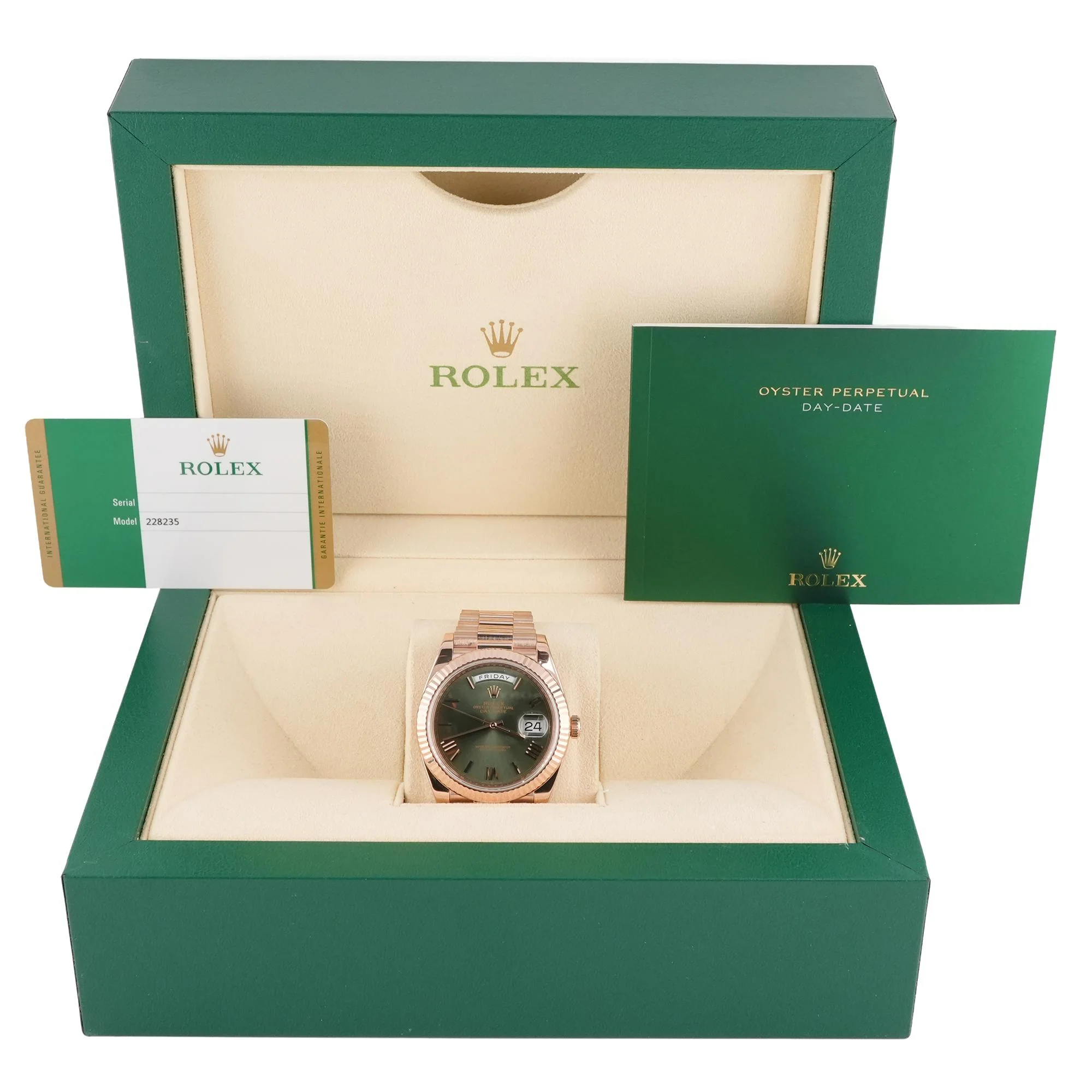 Rolex 228235 Day-Date 40 mm Green Olive Roman Dial President Bracelet Box and Papers 2020 - Image 2