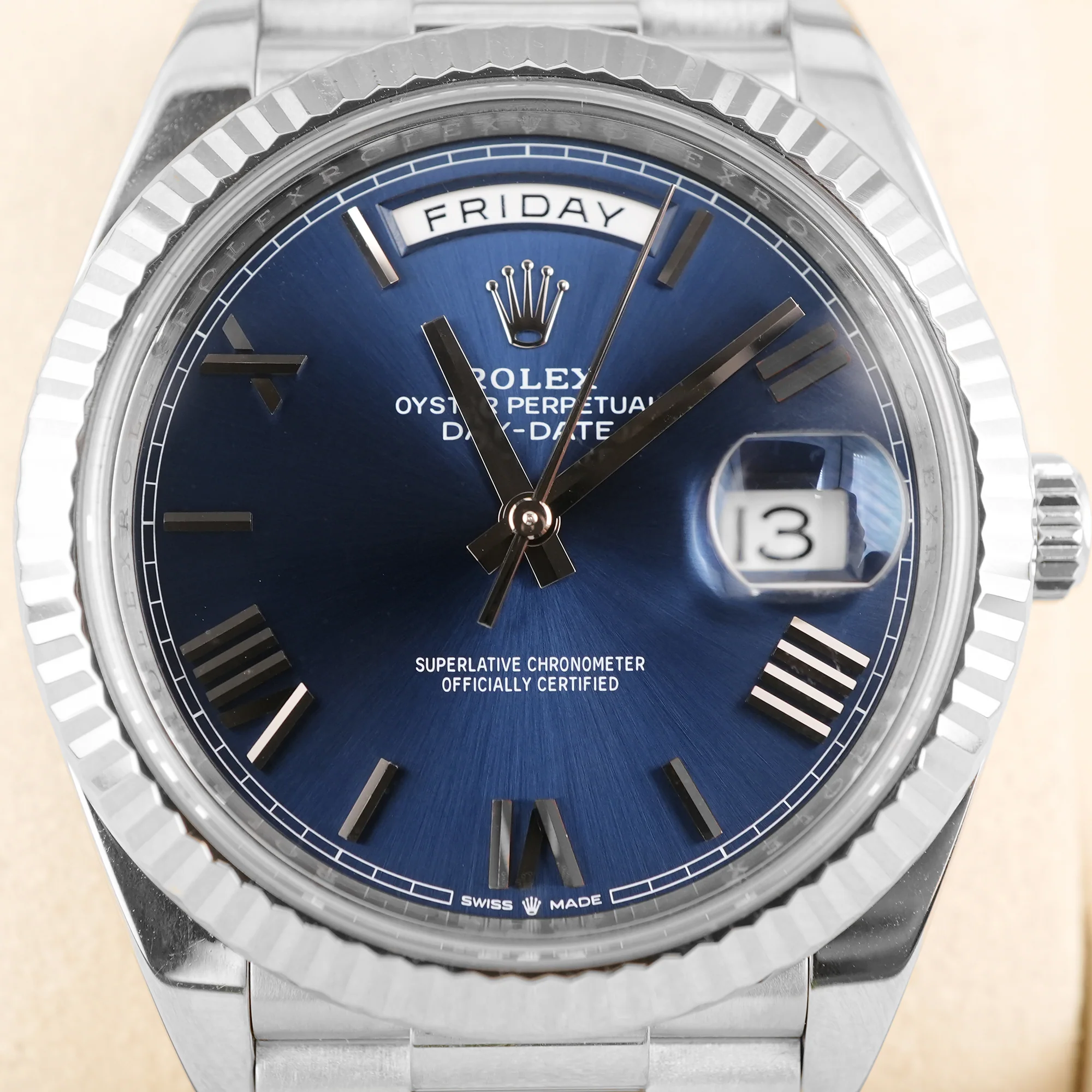 Rolex 228239 Day-Date 40 mm 18K White Gold Blue Bevelled Roman Dial Box and Papers 2025 - Image 3