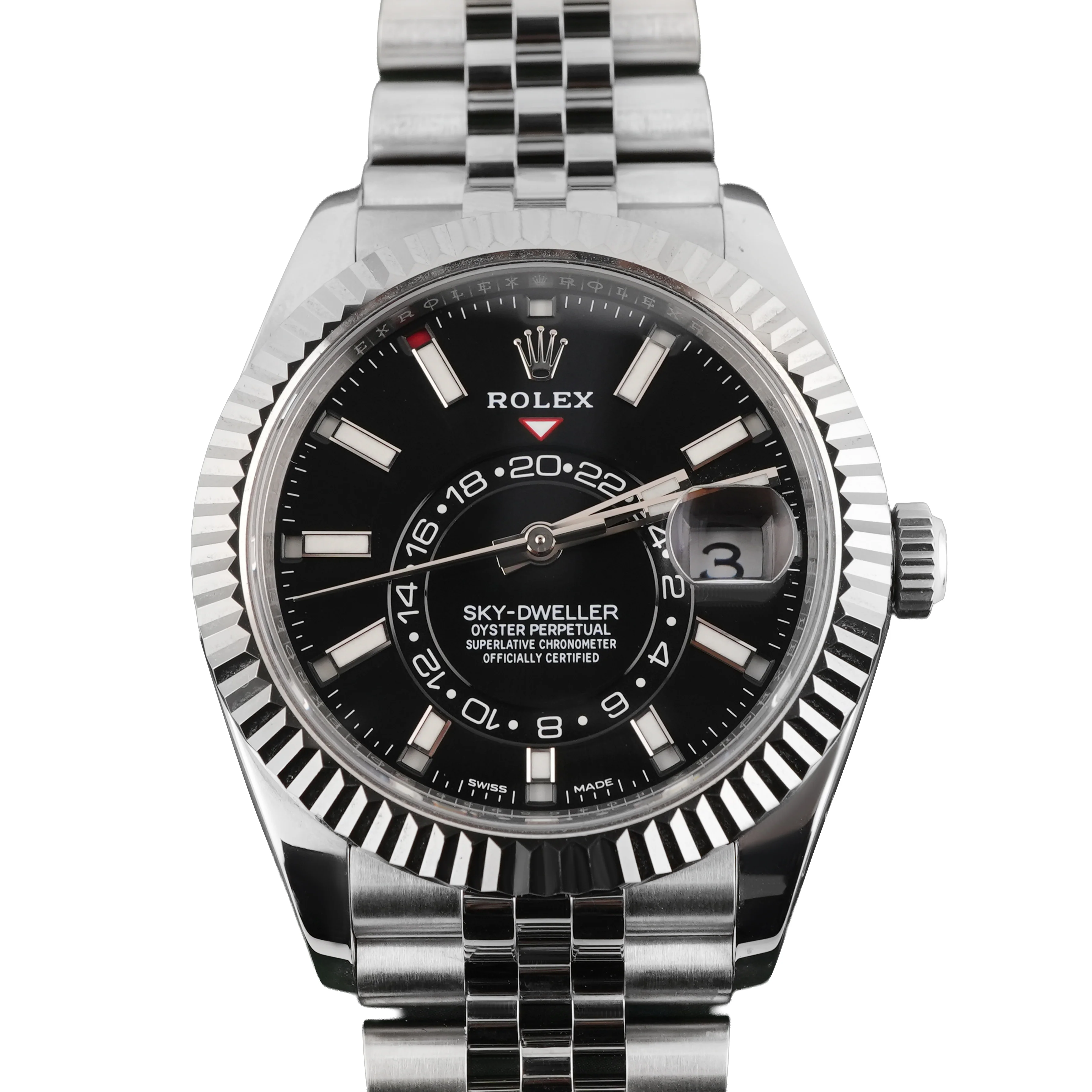 Rolex 326934 Sky-Dweller 42 mm Fluted Bezel Black Index Dial Jubilee Bracelet Box and Papers 2023