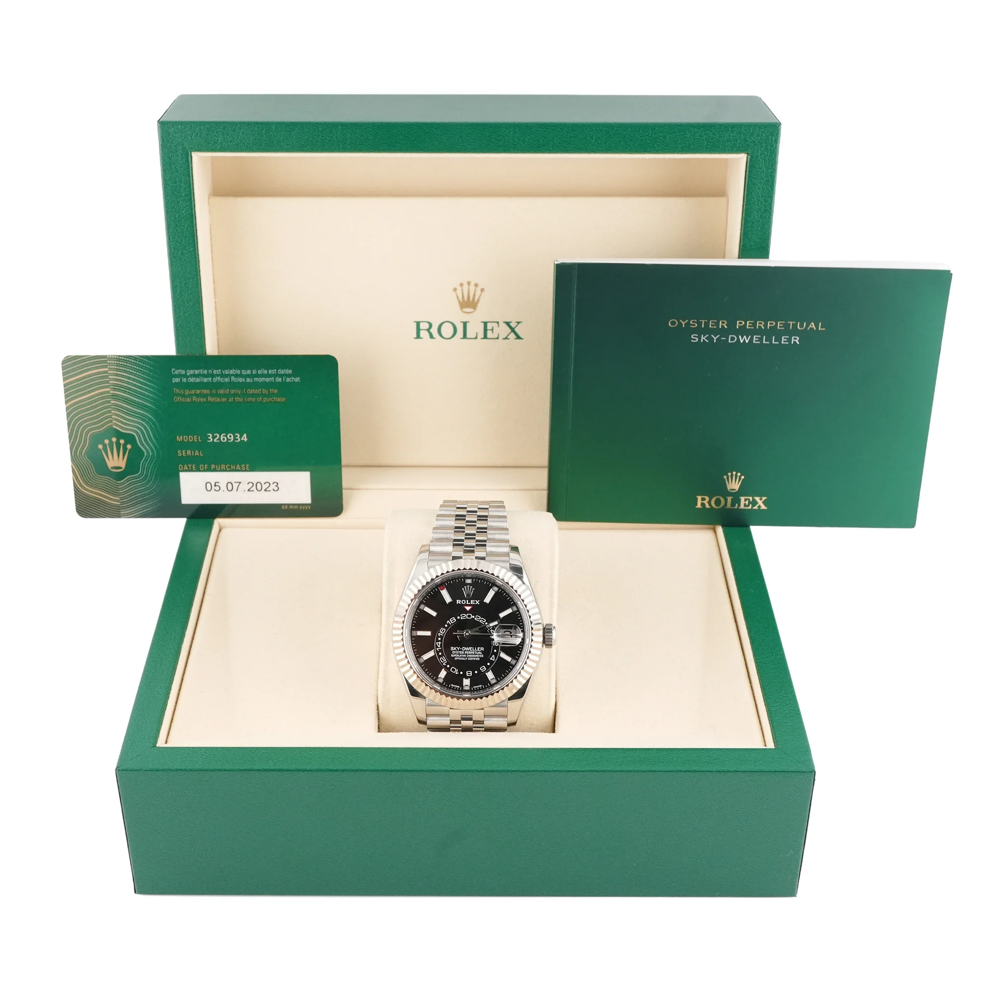 Rolex 326934 Sky-Dweller 42 mm Fluted Bezel Black Index Dial Jubilee Bracelet Box and Papers 2023 - Image 2