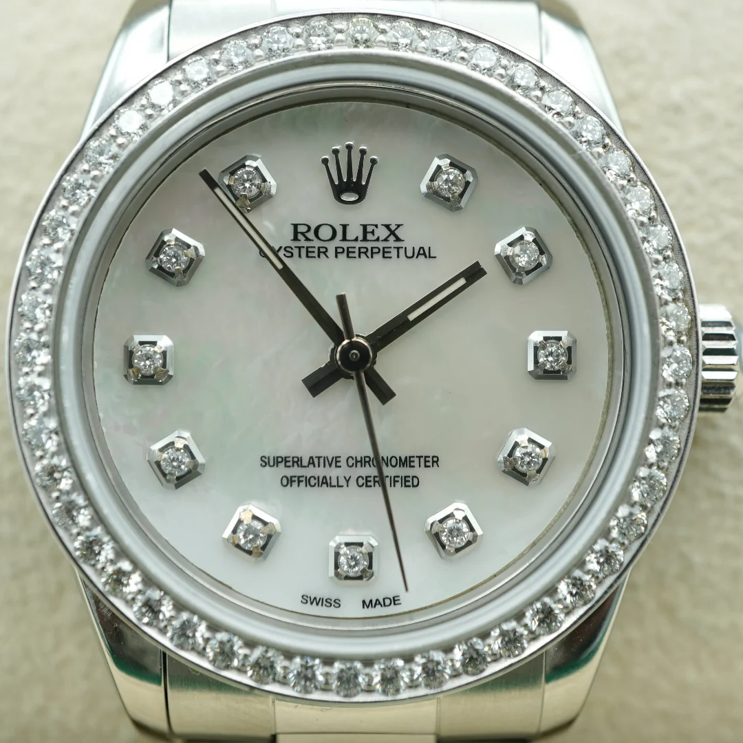Rolex 67180 Oyster Perpetual 31 mm Silver Custom Diamond Dial Custom Diamond Bezel Oyster Bracelet 1996 - Image 3