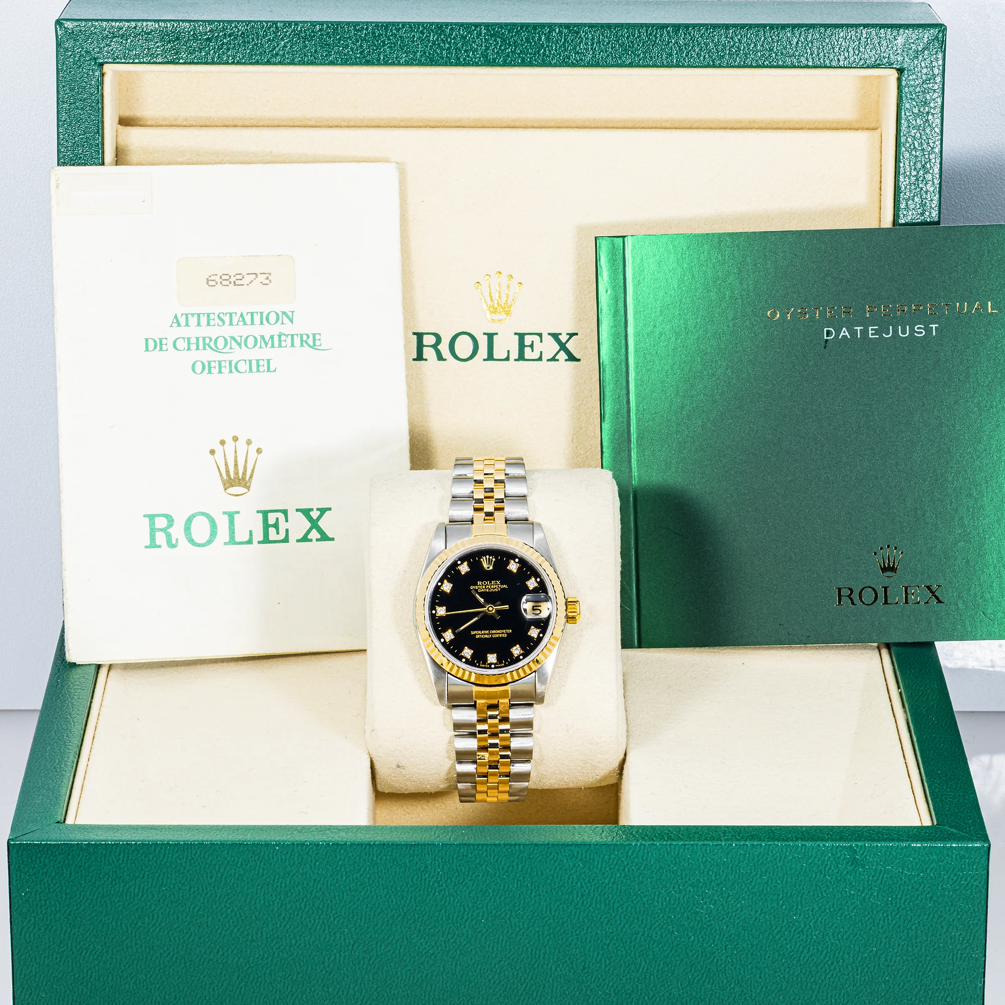 Rolex 68273 Datejust 31 mm Fluted Bezel Black Diamond Dial Jubilee Bracelet Box and Papers 1990 - Image 3