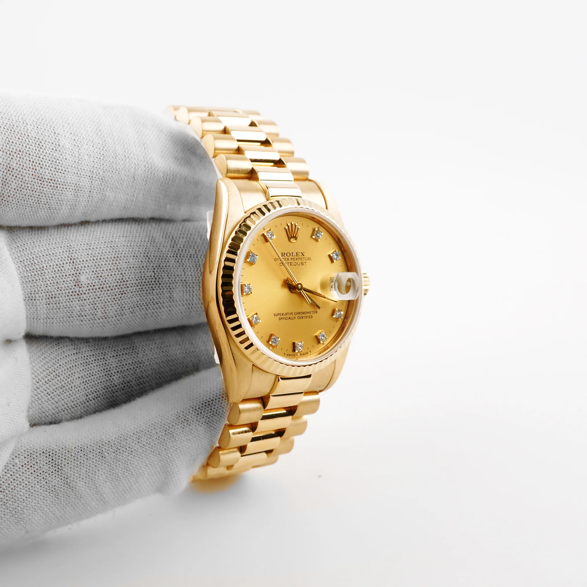 Rolex 68278 Datejust 31 mm Fluted Bezel Champagne Diamond Dial President Bracelet Box 1991 - Image 4