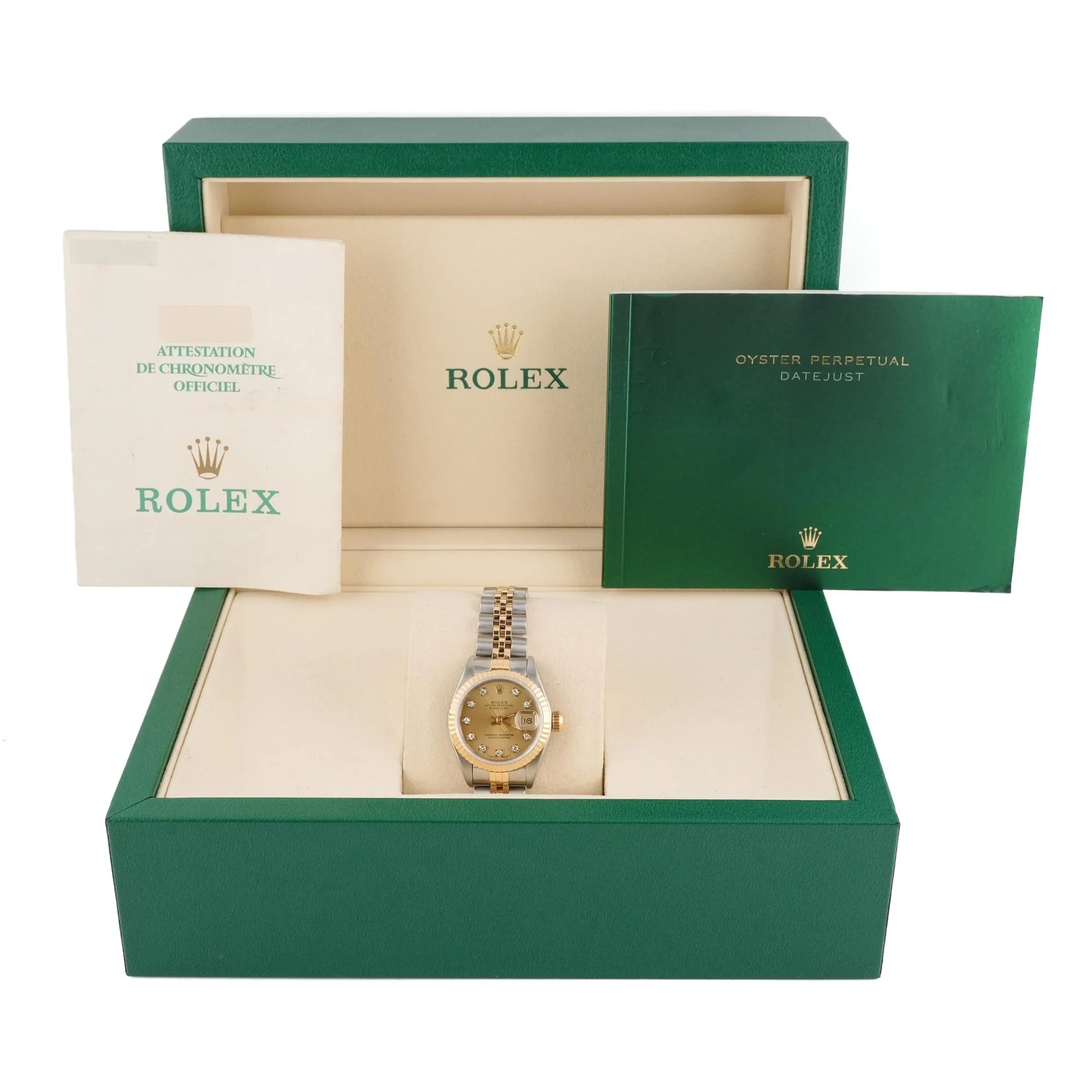Rolex 69173 Lady-Datejust 26 mm Champagne Diamond Dial Jubilee Bracelet Box and Papers 1990 - Image 2