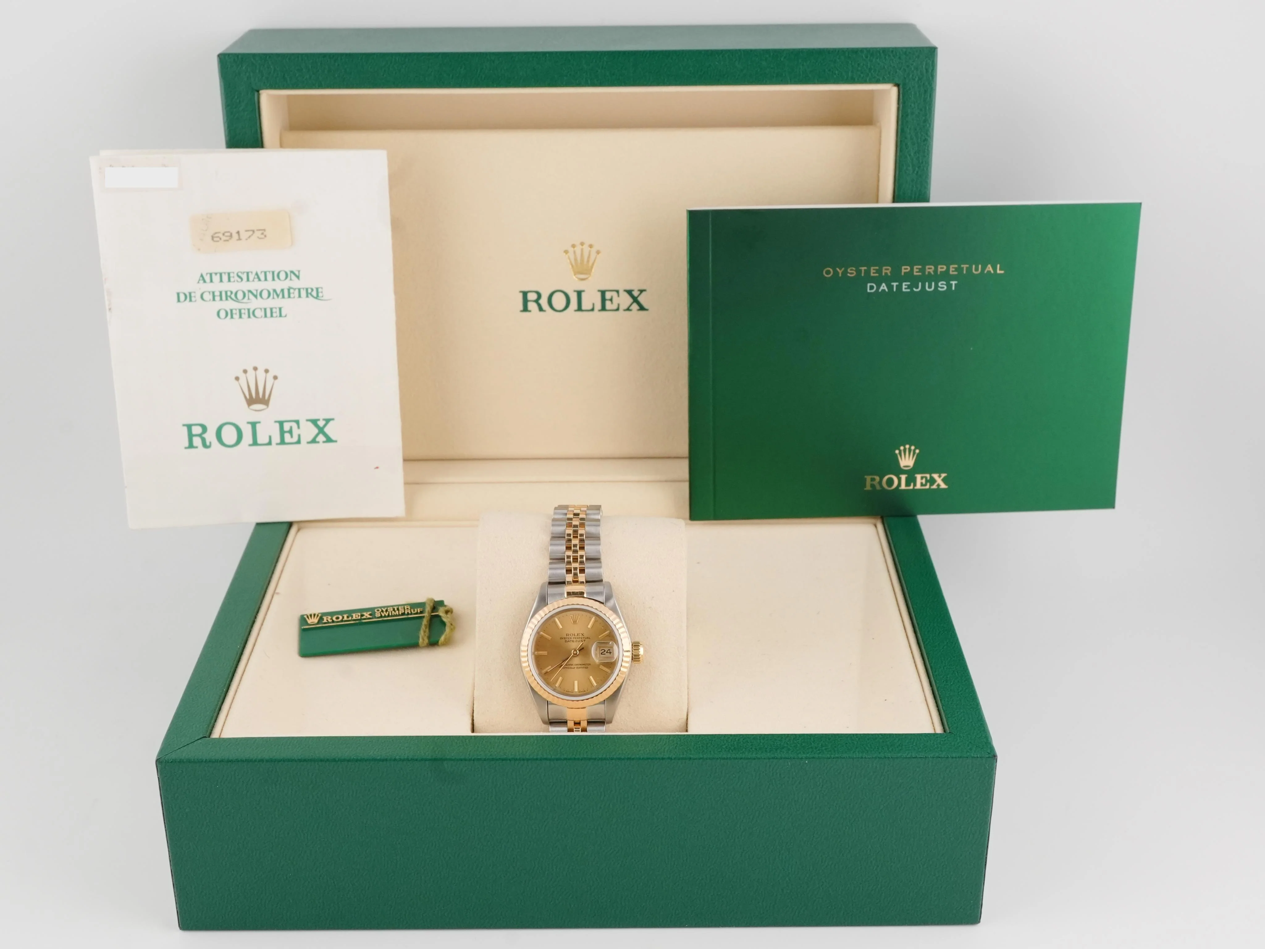Rolex 69173 Lady-Datejust 26 mm Champagne Index Dial Jubilee Bracelet Box and Papers 1994 - Image 2