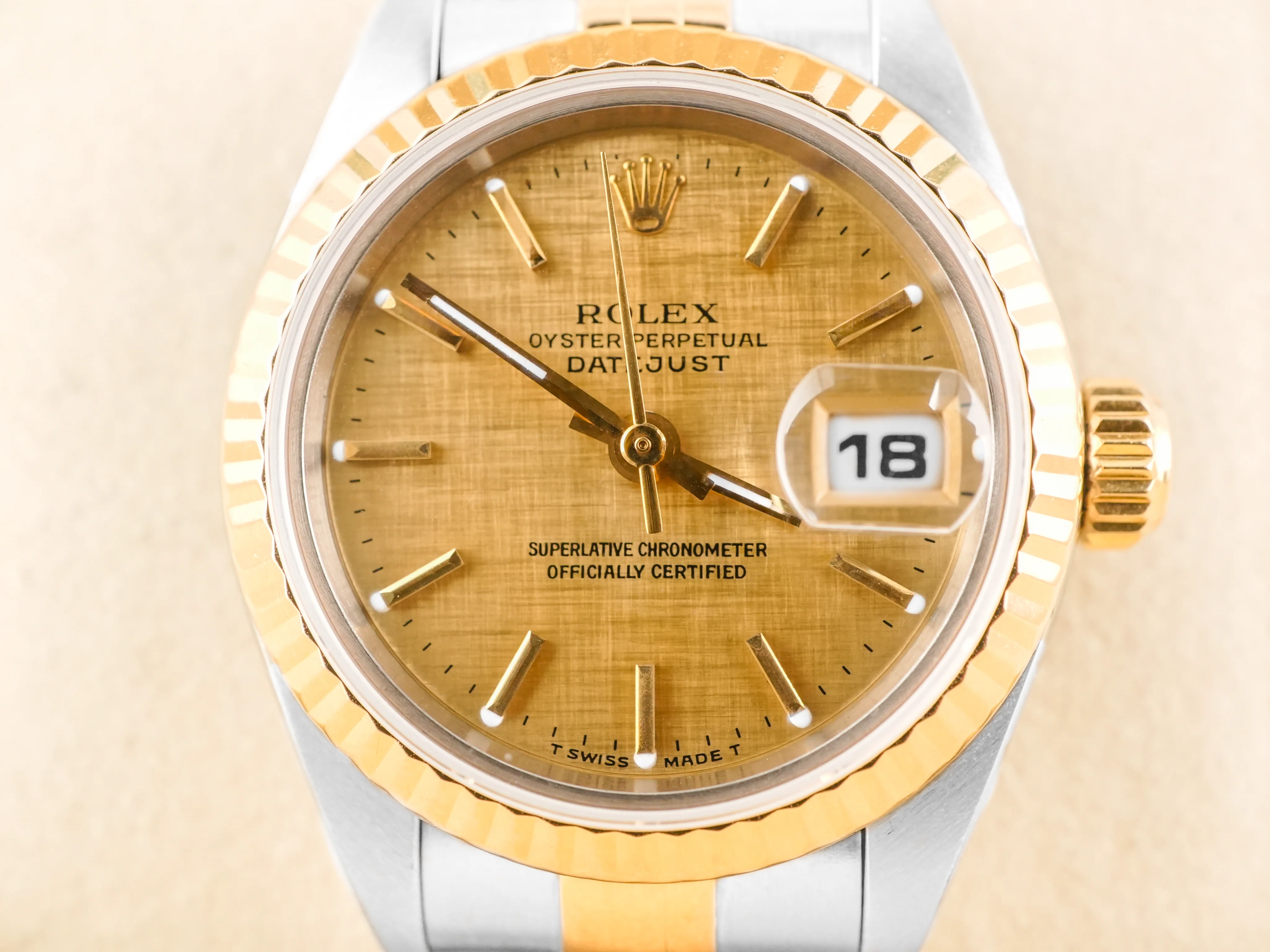 Rolex 69173 Lady-Datejust 26 mm Champagne Linen Stick Dial Jubilee Bracelet Box and Papers 1997 - Image 3