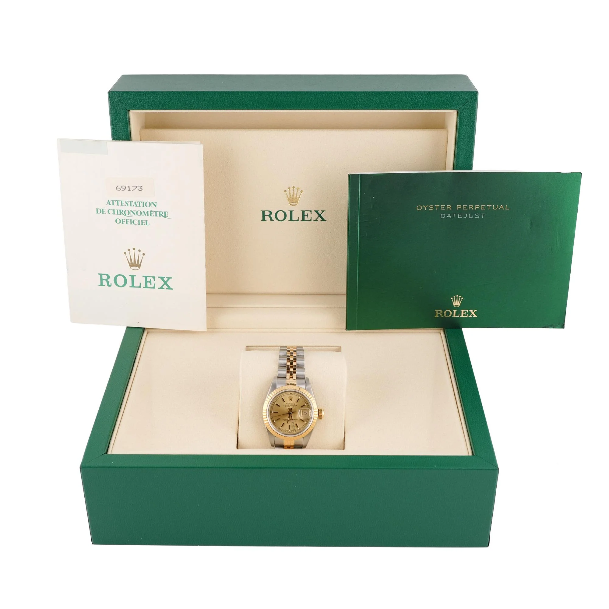 Rolex 69173 Lady-Datejust 26 mm Fluted Bezel Champagne Index Dial Jubilee Bracelet Box and Papers 1989 - Image 2