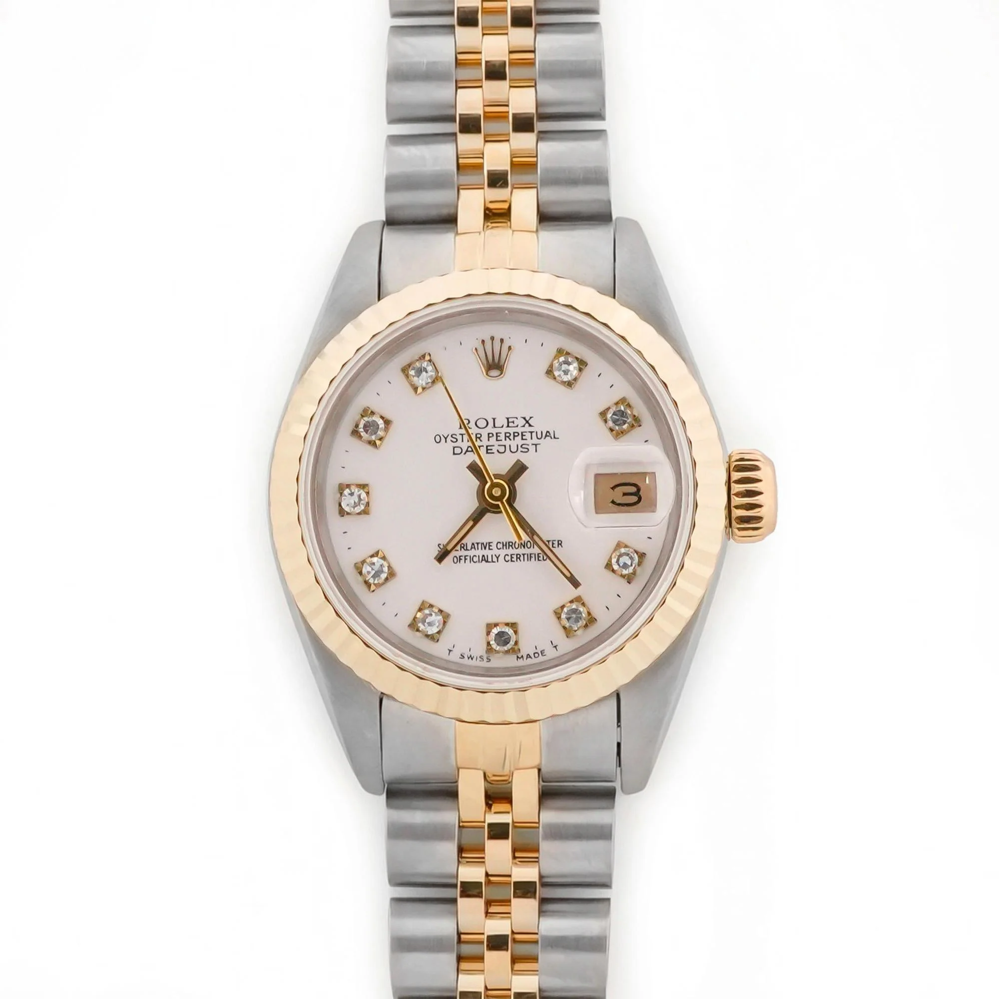 Rolex 69173 Lady-Datejust 26 mm Fluted Bezel White Diamond Dial Jubilee Bracelet Box and Papers 1990
