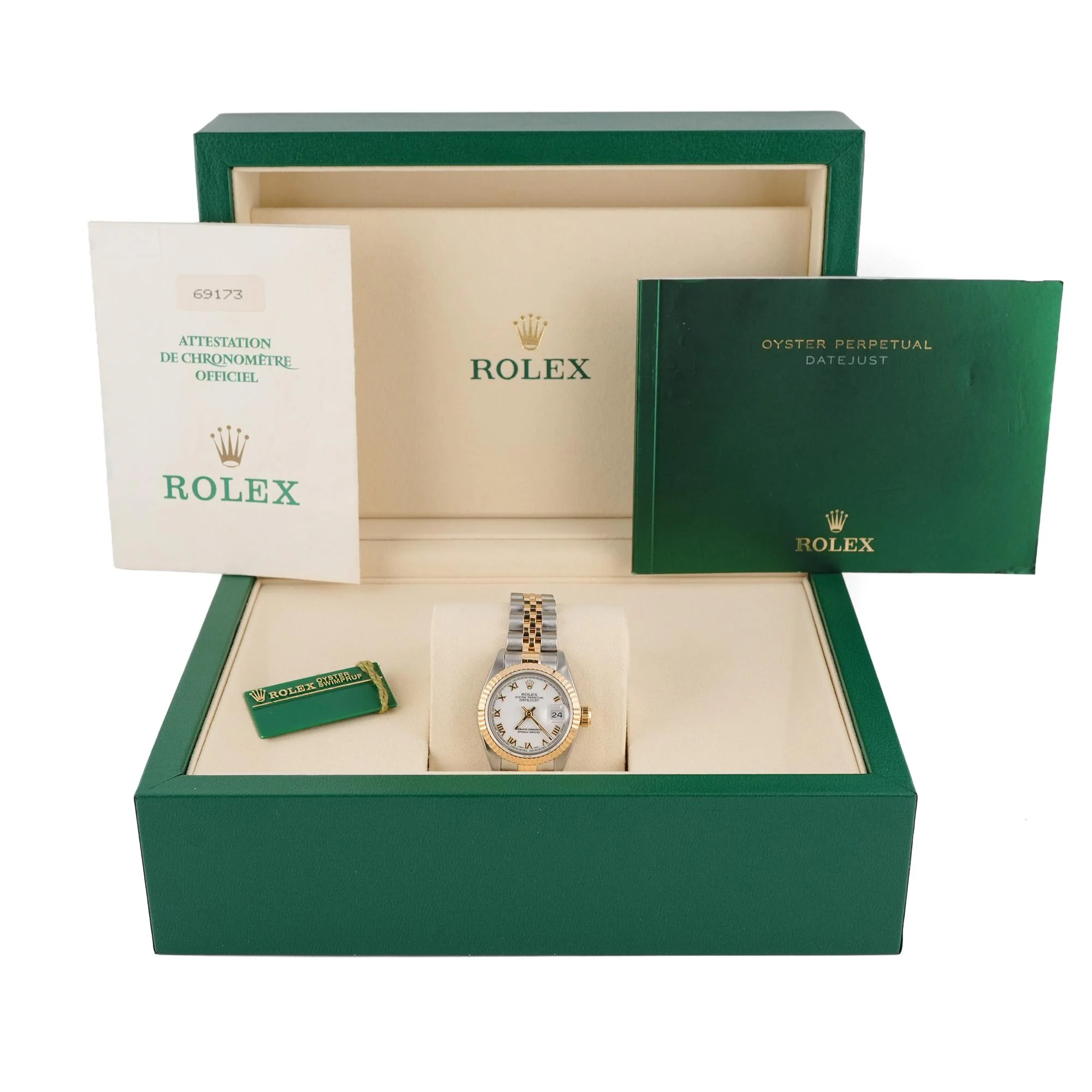 Rolex 69173 Lady-Datejust 26 mm Fluted Bezel White Roman Dial Jubilee Bracelet Box and Papers 1996 - Image 2