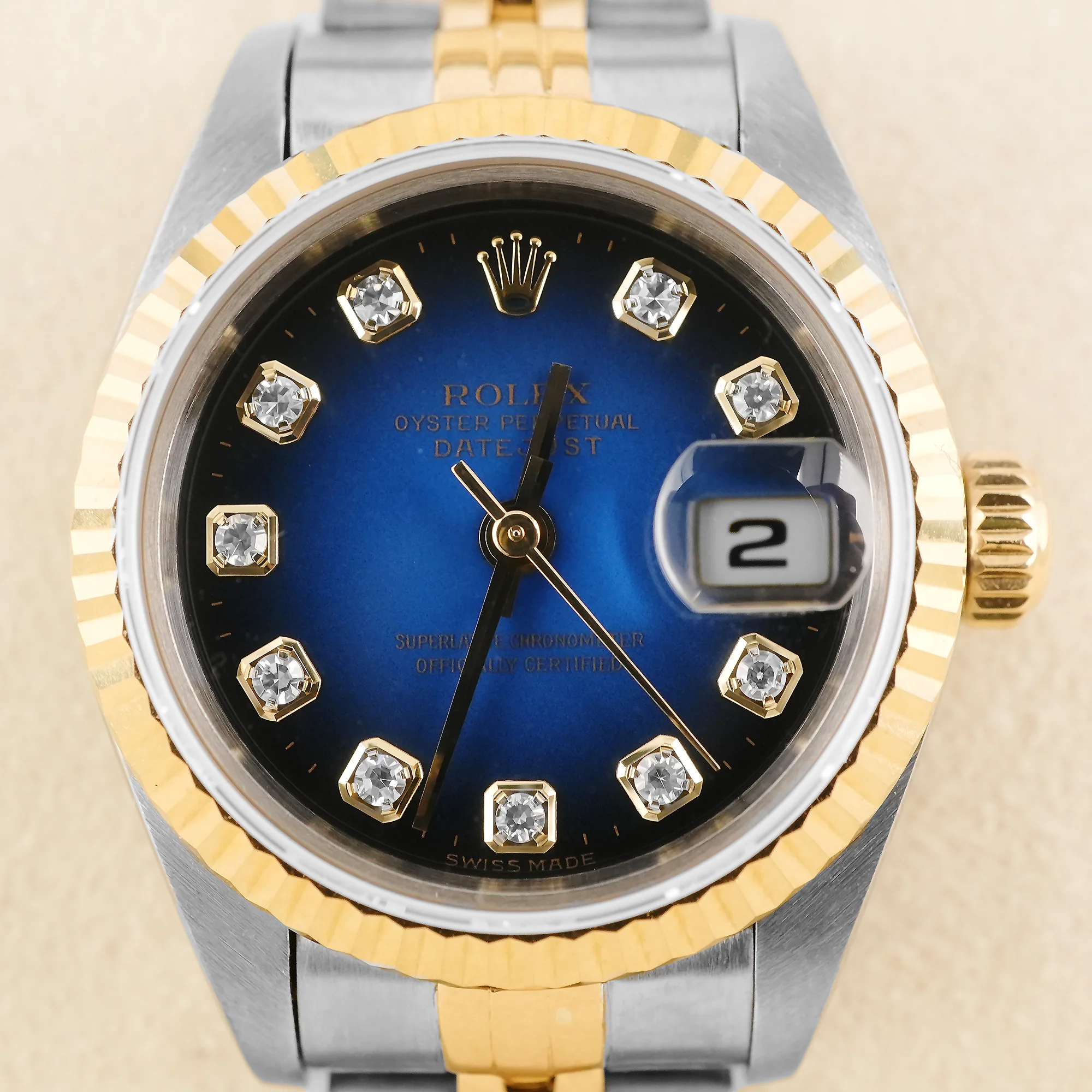 Rolex 69173 Lady-Datejust 26 mm Blue Vingrette Diamond Dial Jubilee Bracelet Box and Papers 1998 - Image 3