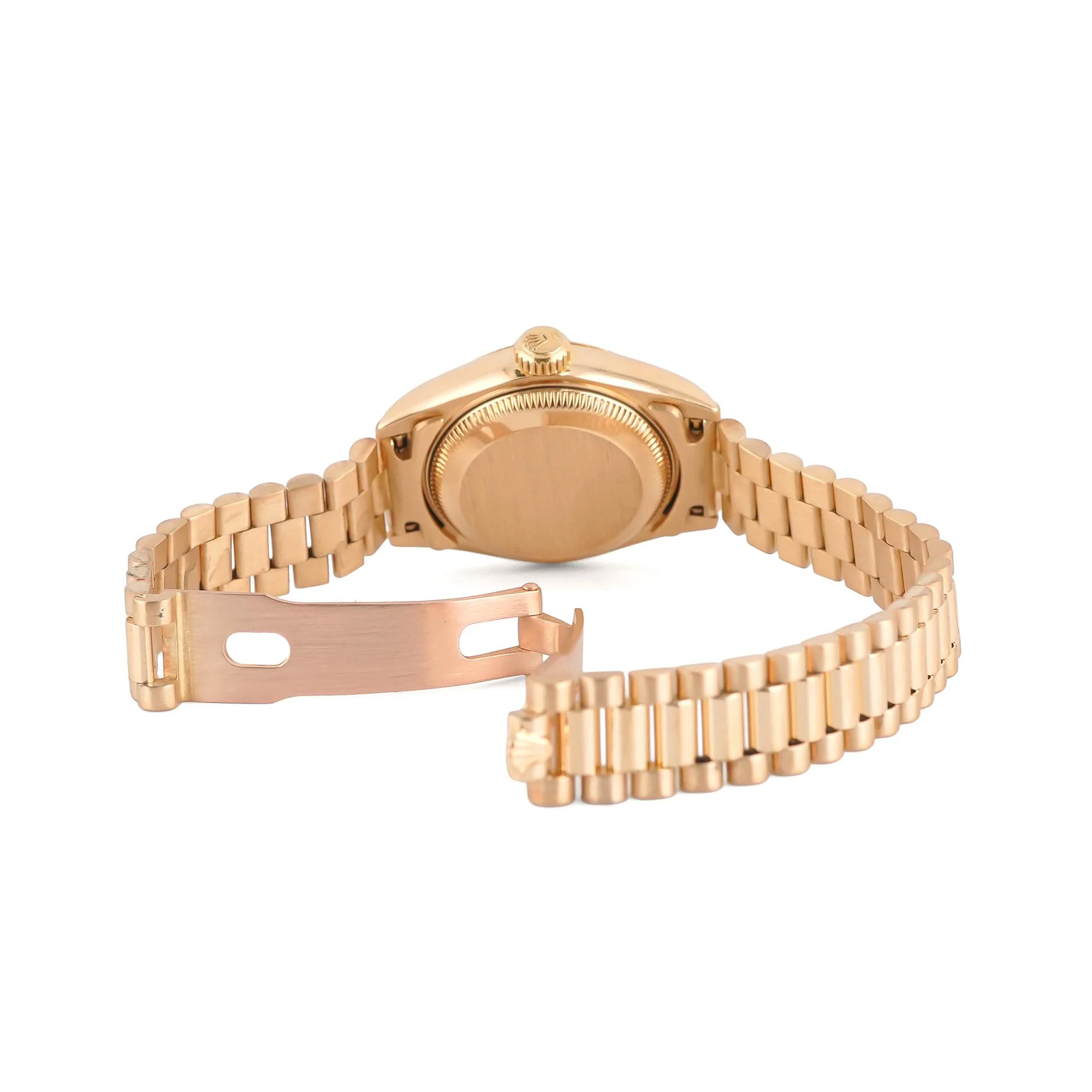 Rolex 69178 Lady-Datejust 26 mm 18K Yellow Gold Fluted Bezel Champagne Diamond Dial President Bracelet Box and Papers 1986 - Image 4