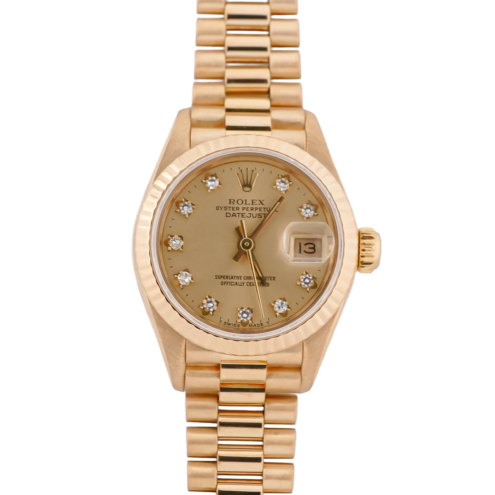 Rolex 69178 Lady-Datejust 26 mm Fluted Bezel Champagne Diamond Dial President Bracelet Box 1990