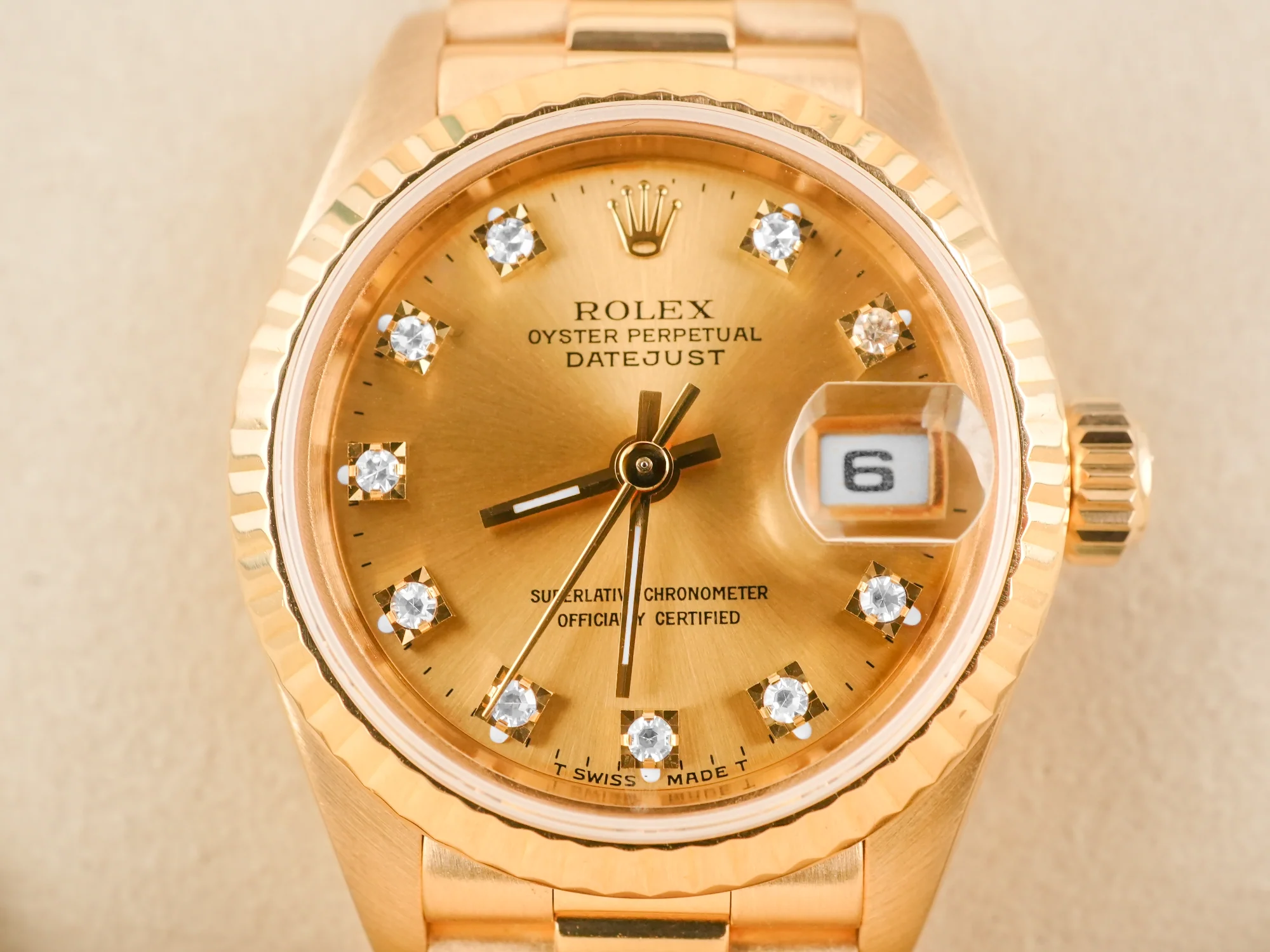 Rolex 69178 Lady-Datejust 26 mm Fluted Bezel Champagne Diamond Dial President Bracelet Box 1991 - Image 3