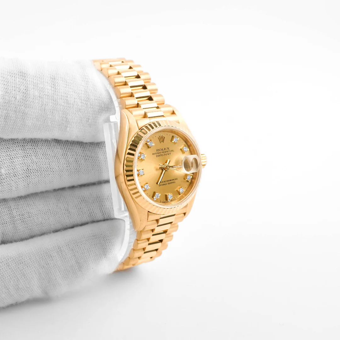 Rolex 69178 Lady-Datejust 26 mm Fluted Bezel Champagne Diamond Dial President Bracelet Box 1991 - Image 4