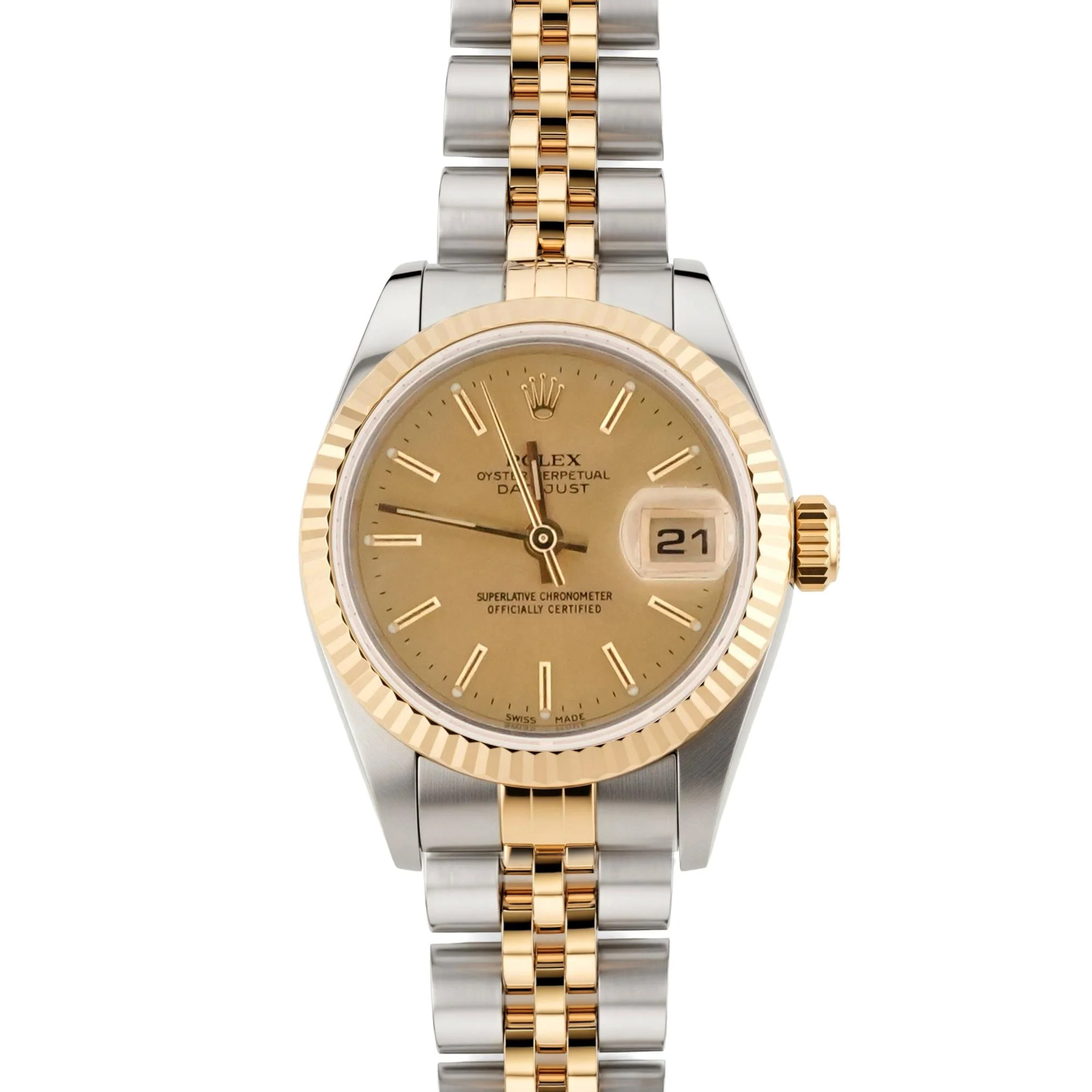 Rolex 79173 Lady-Datejust 26 mm Fluted Bezel Champagne Index Dial Jubilee Bracelet Box 2001